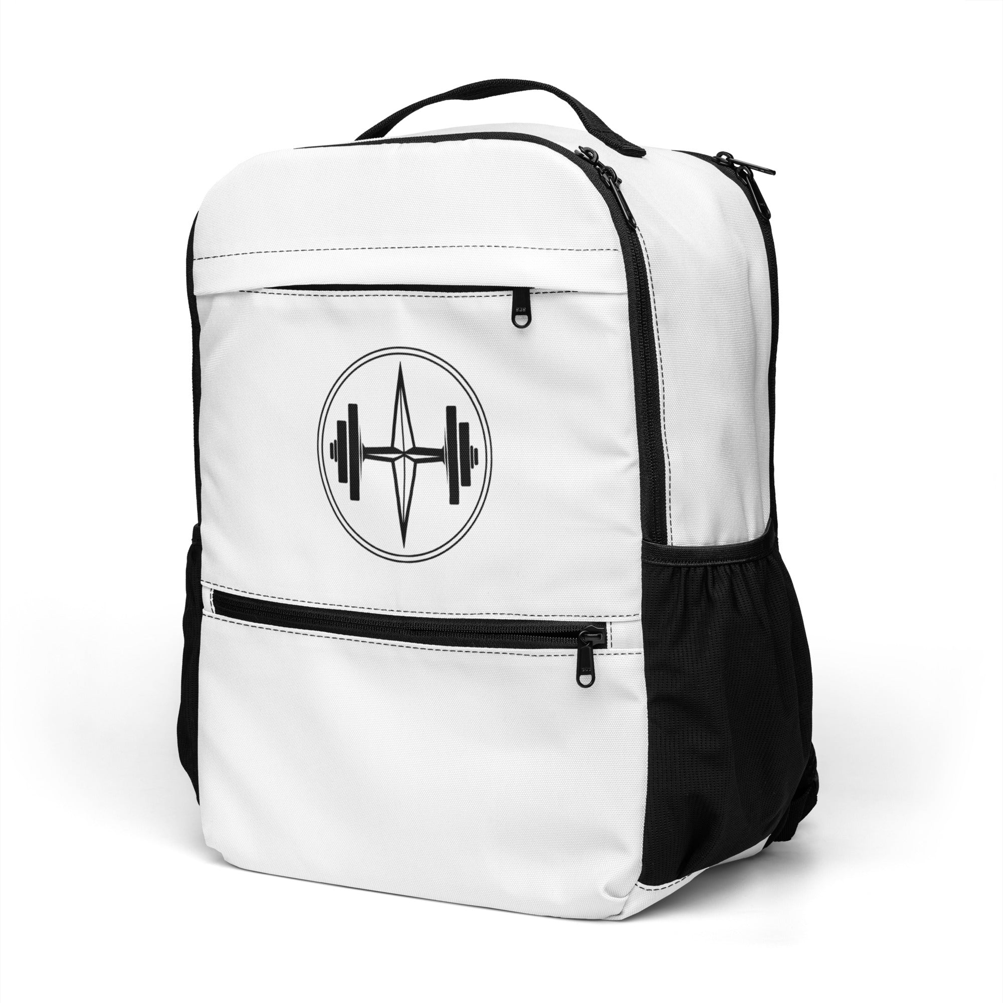 White backpack with black accents and a logo on a white background