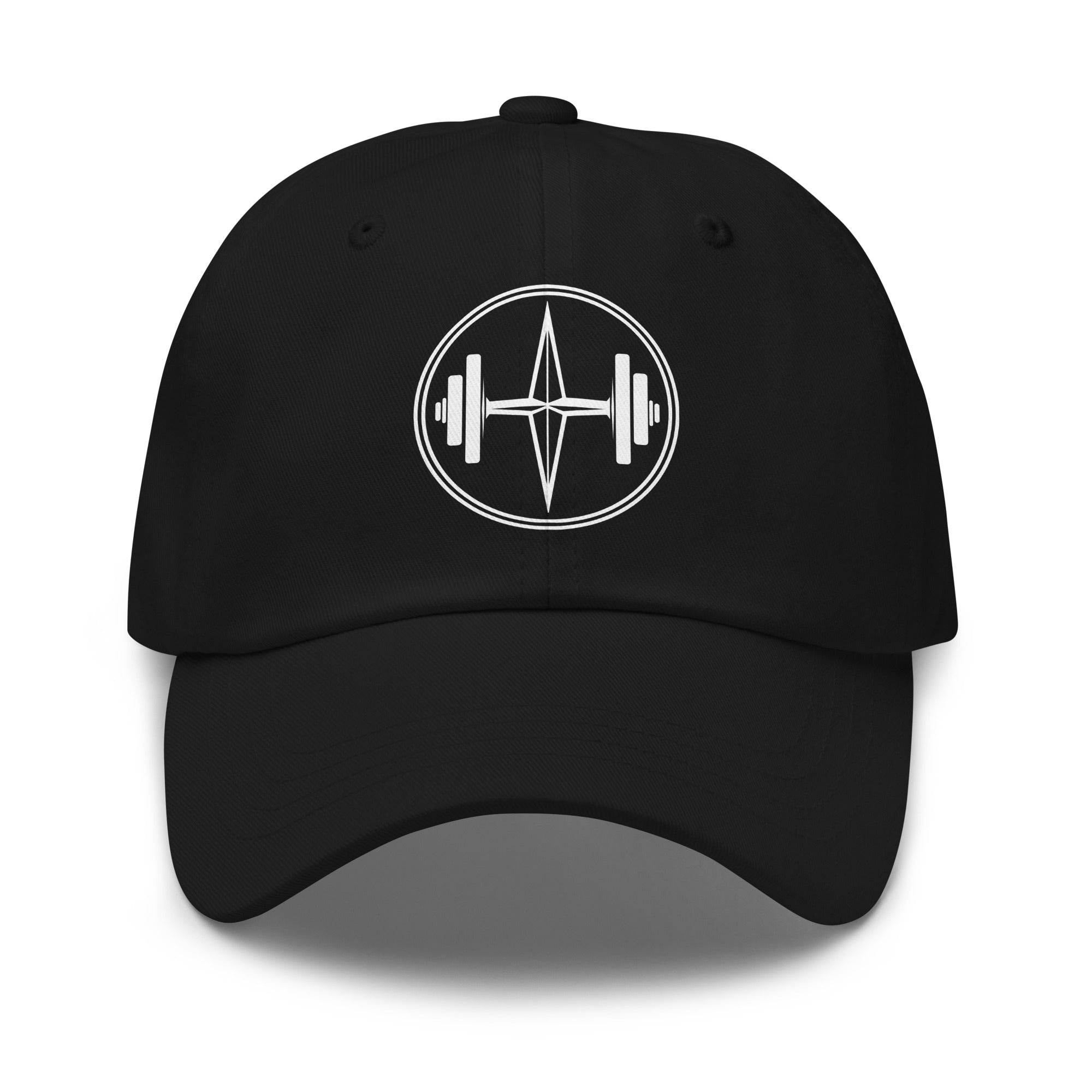 Black cap with gym logo on a white background