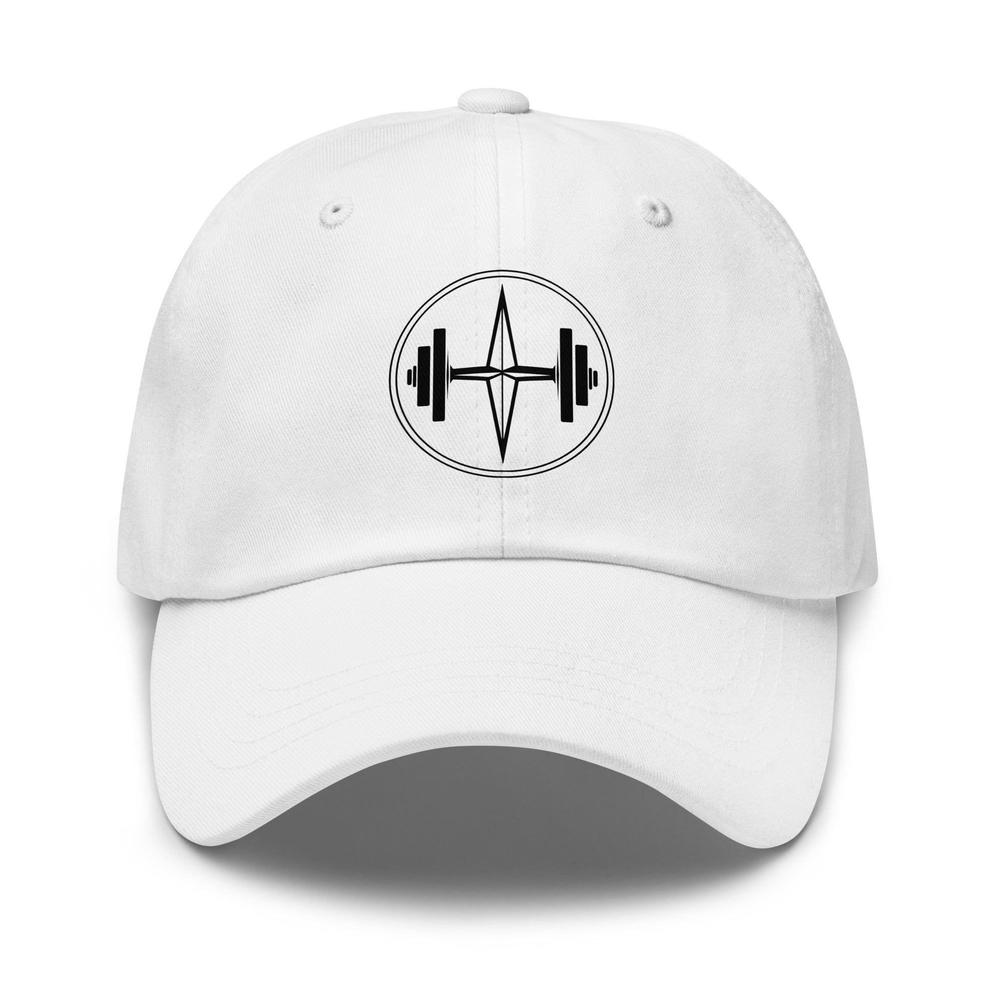 White cap with a black logo on a white background