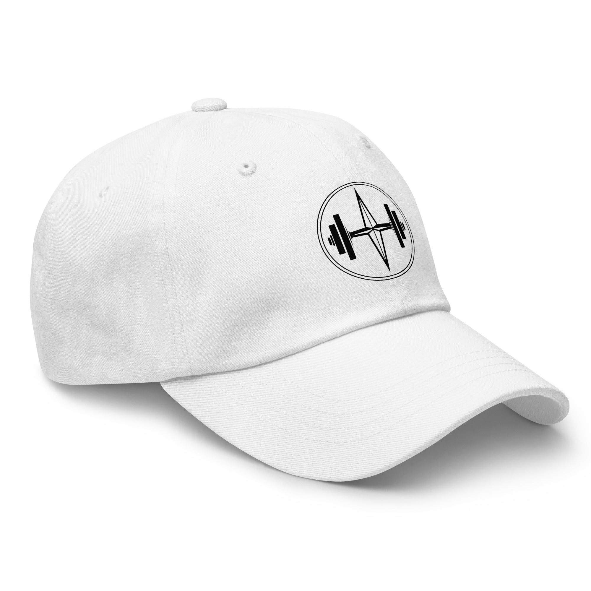 White cap with a black logo on a white background