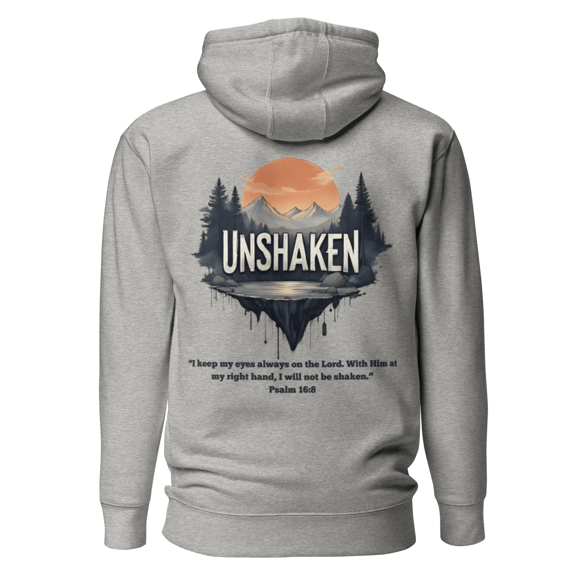 Carbon grey Unshaken hoodie back view - Christian mental toughness streetwear