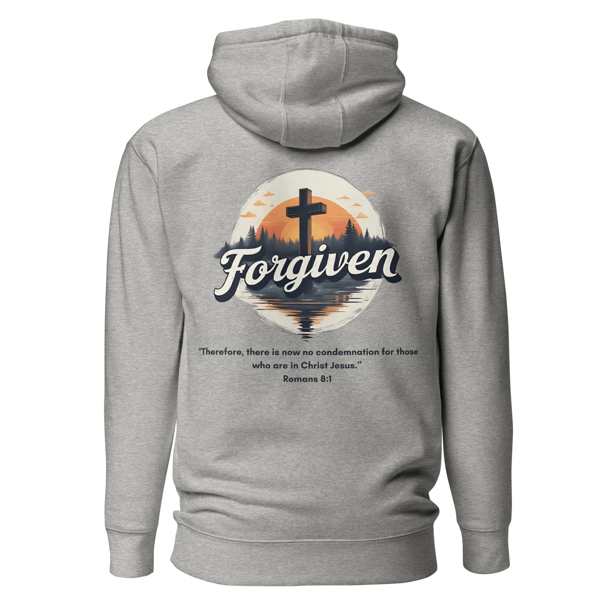 Carbon grey Forgiven hoodie back view - inspirational Christian redemption streetwear