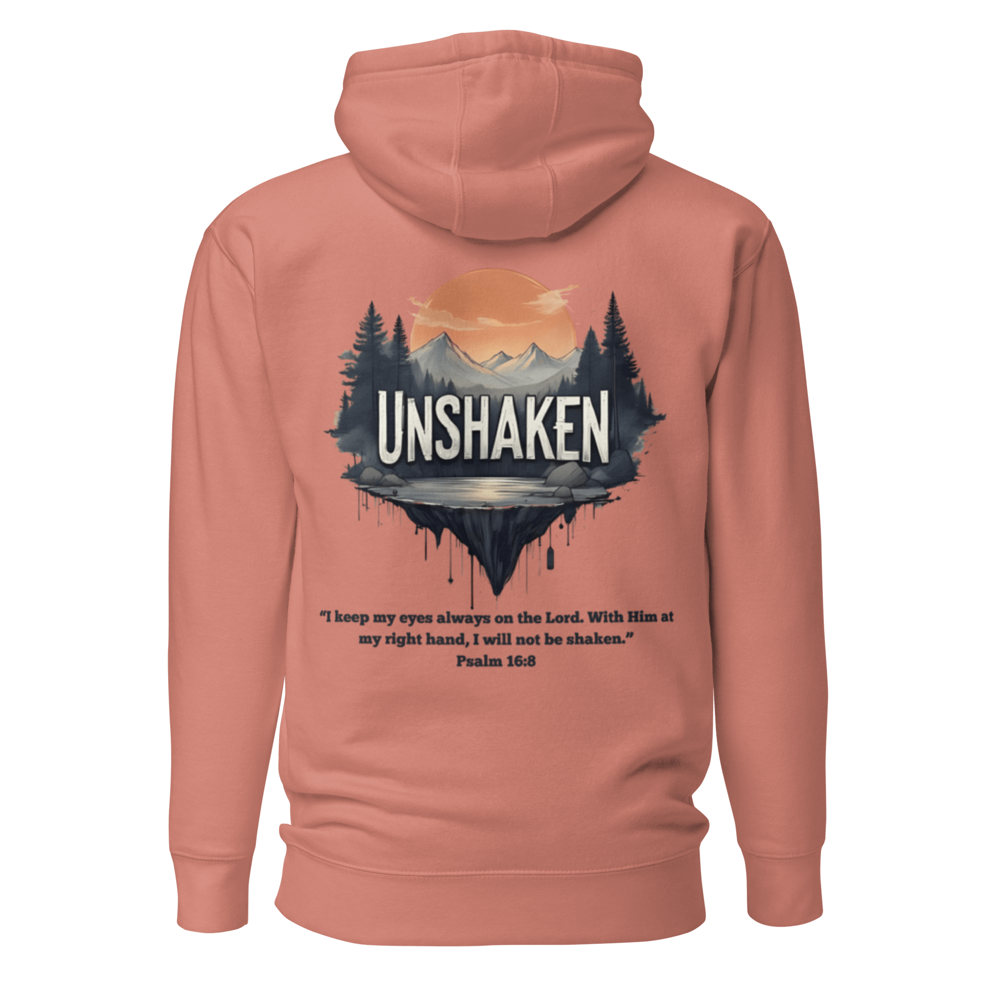 Dusty rose Unshaken hoodie back view - faith-based resilience apparel for women