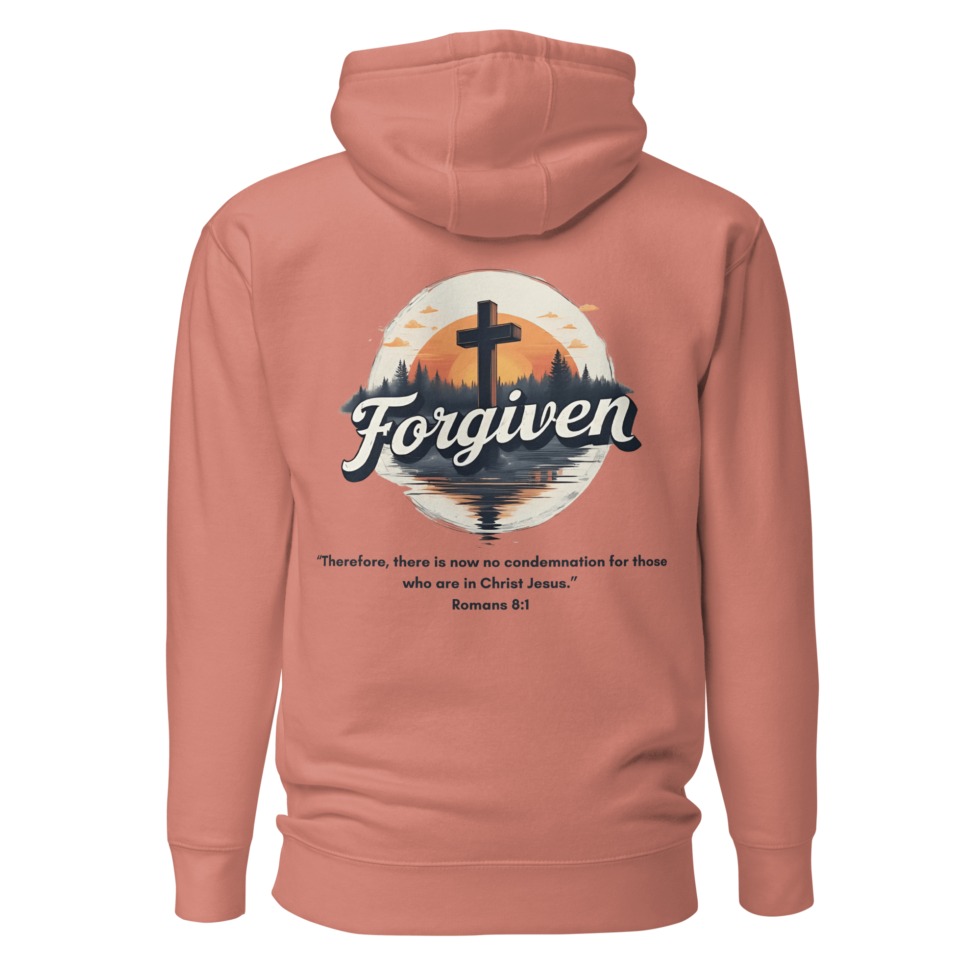 Dusty rose Forgiven hoodie back - Romans 8:1 faith-based new beginnings apparel for women