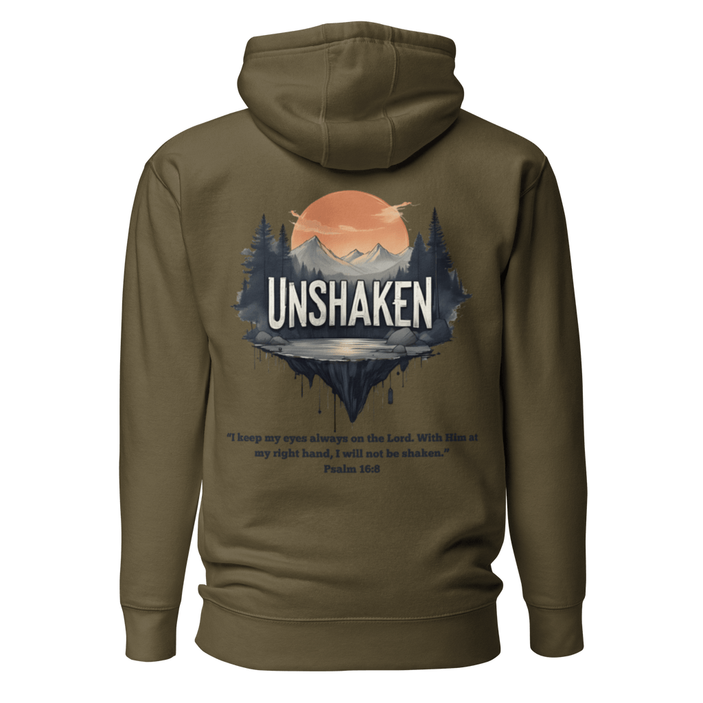 Military green Unshaken Christian hoodie back - Psalm 16:8 mental strength apparel