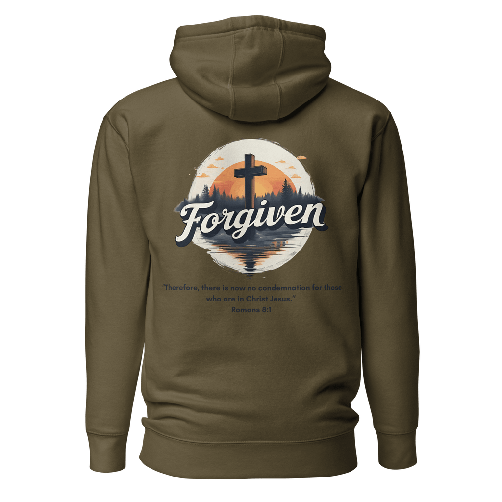 Military green Forgiven Christian hoodie back - motivational redemption and grace streetwear