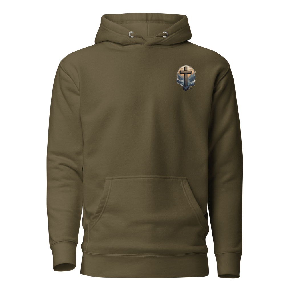 Military green Forgiven faith hoodie - Romans 8:1 Christian redemption streetwear