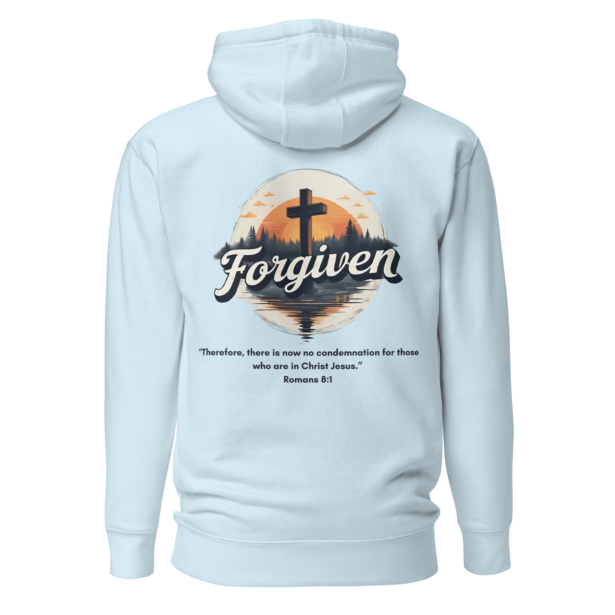 Sky blue Forgiven hoodie back view - Romans 8:1 Christian fresh start apparel