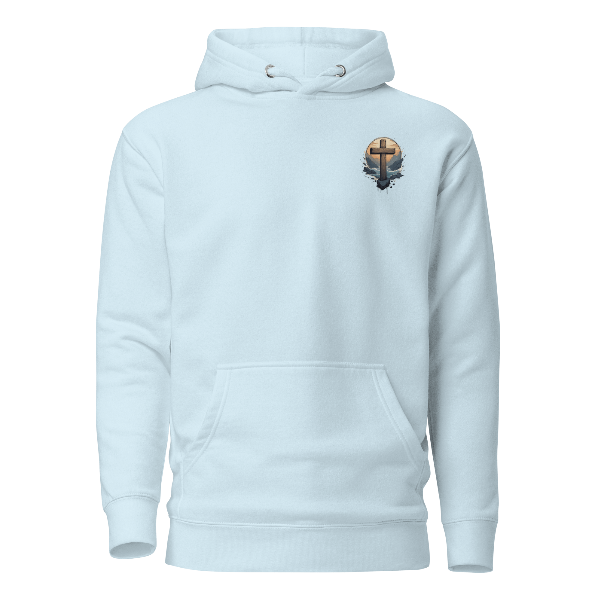 Sky blue Unshaken Christian hoodie front view - motivational mental toughness streetwear