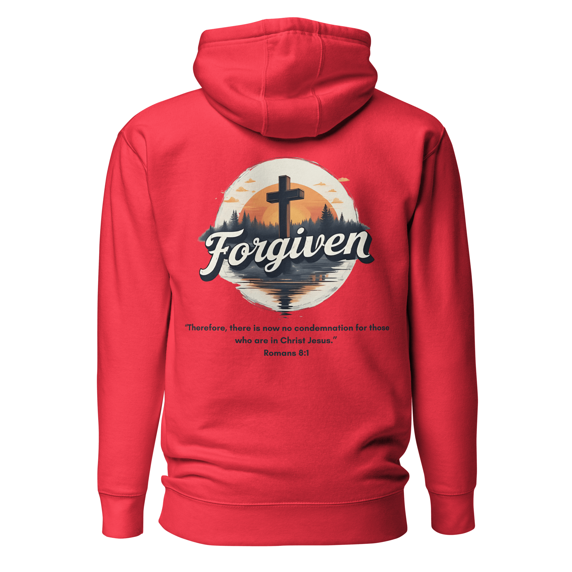 Team red Forgiven Christian hoodie back - Romans 8:1 redemption and fresh start apparel