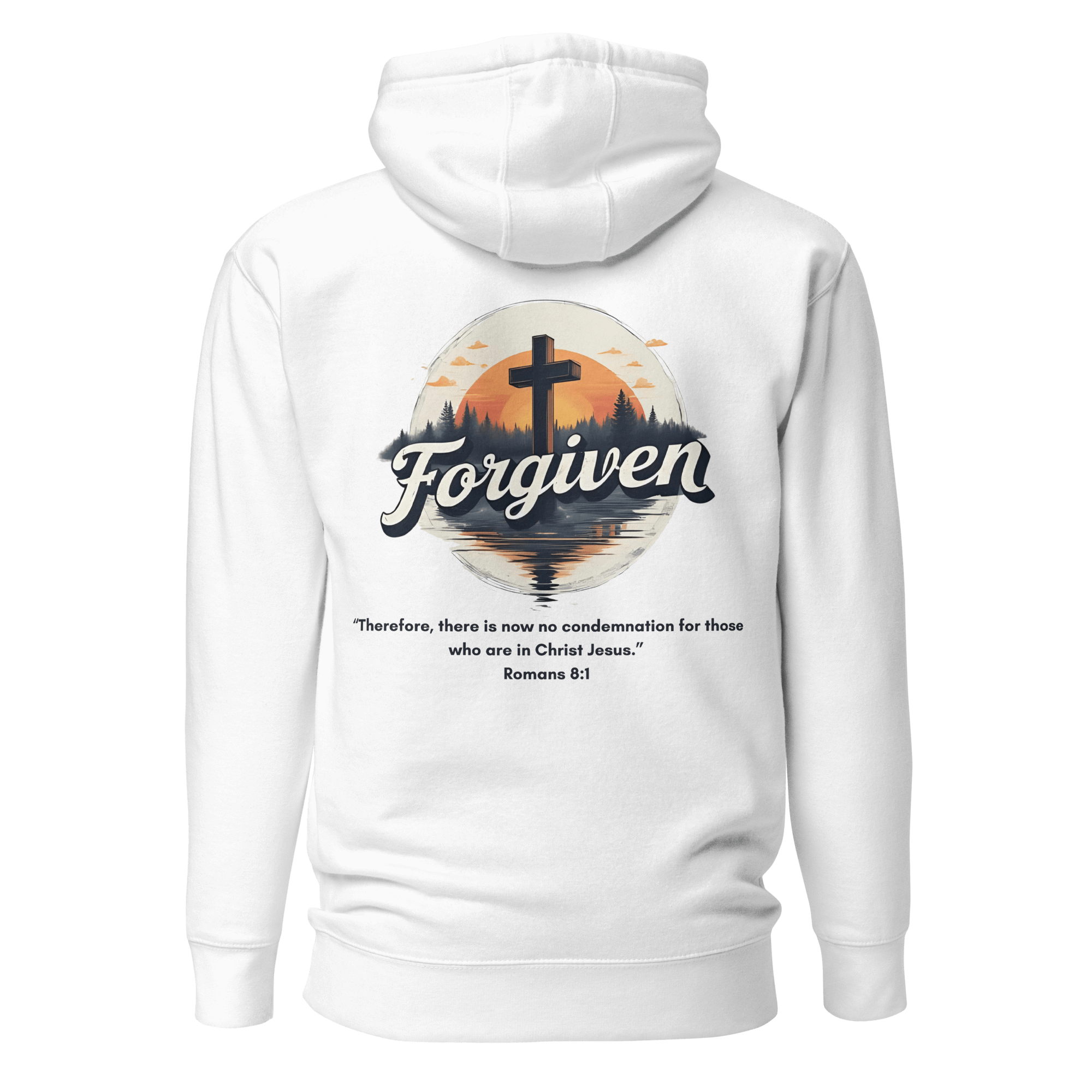 White Forgiven Christian hoodie back - inspirational second chances faith streetwear