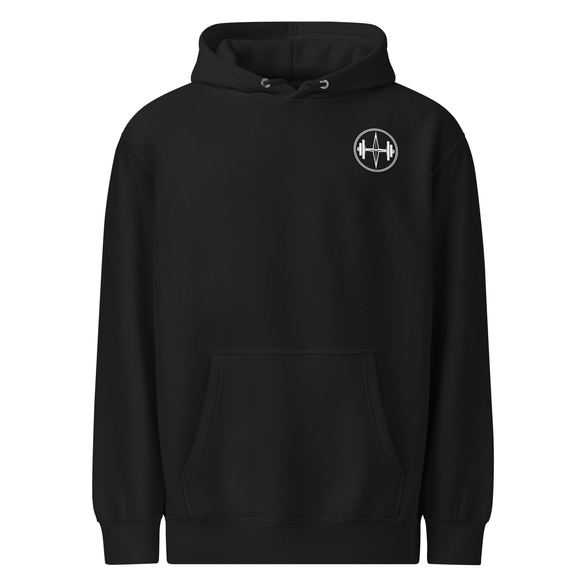 Black hoodie with a logo on the chest against a white background