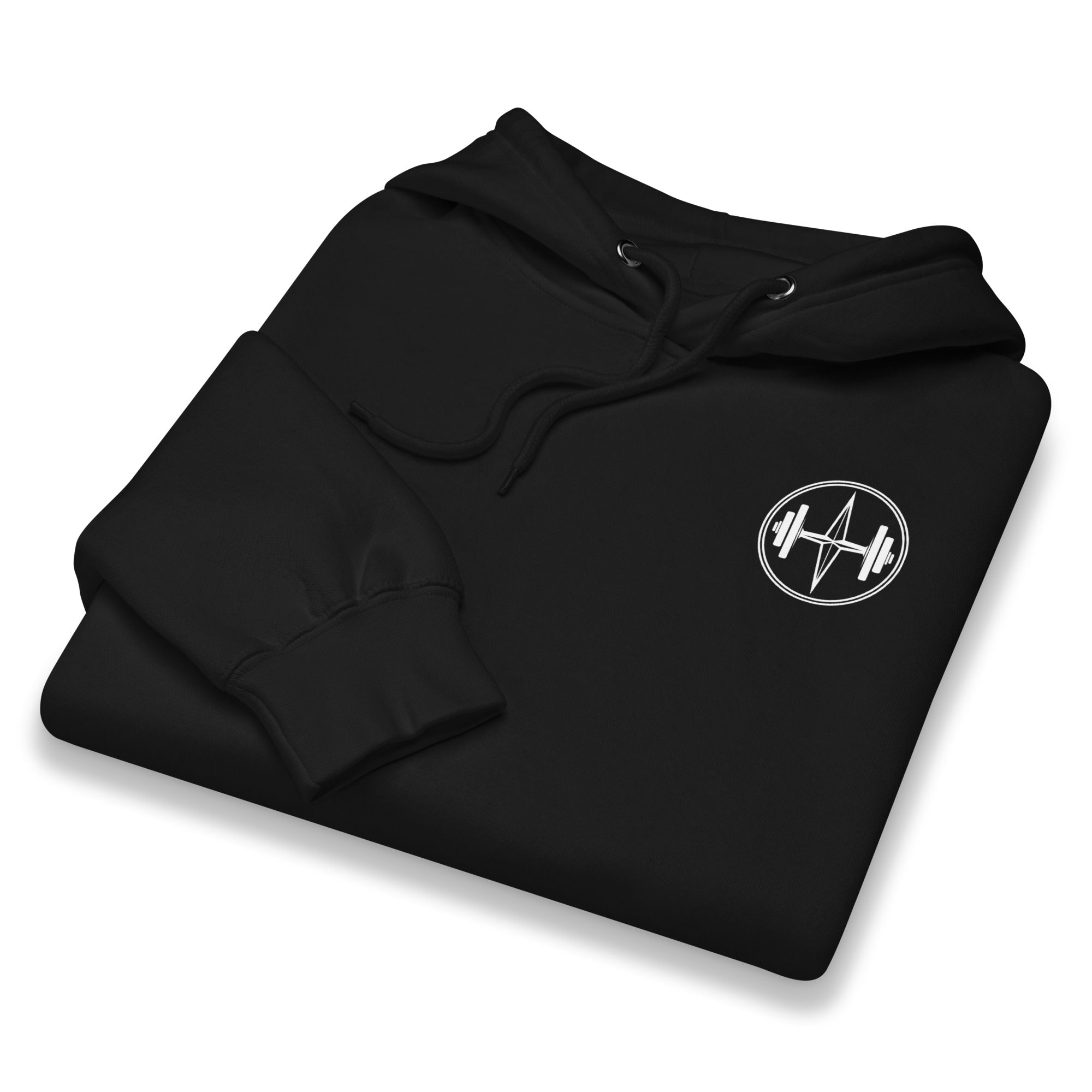 Black hoodie with a white logo on a white background