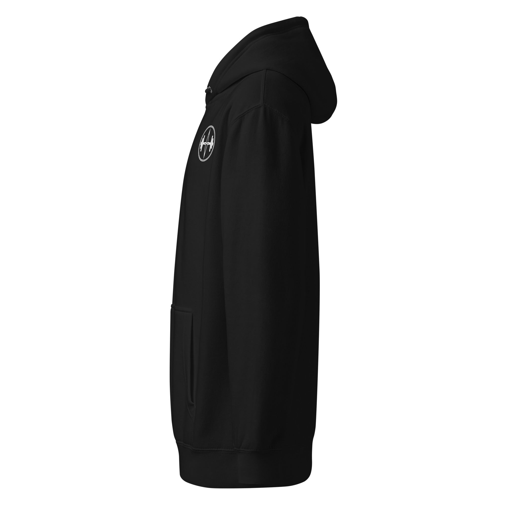 Black hoodie with a logo on the sleeve against a white background