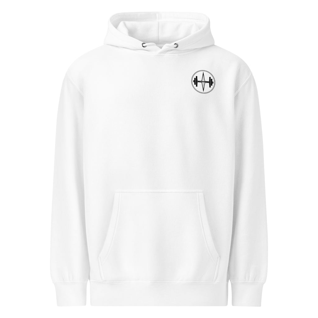 White hoodie with a black and white logo on the chest against a white background