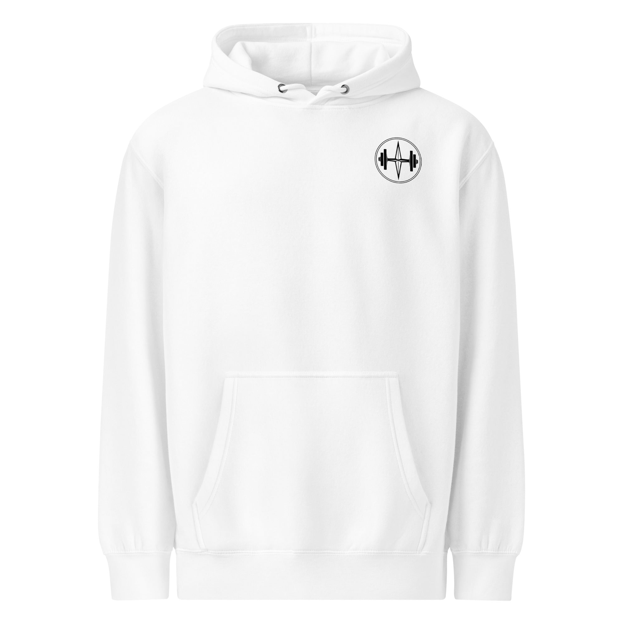 White hoodie with a black and white logo on the chest against a white background