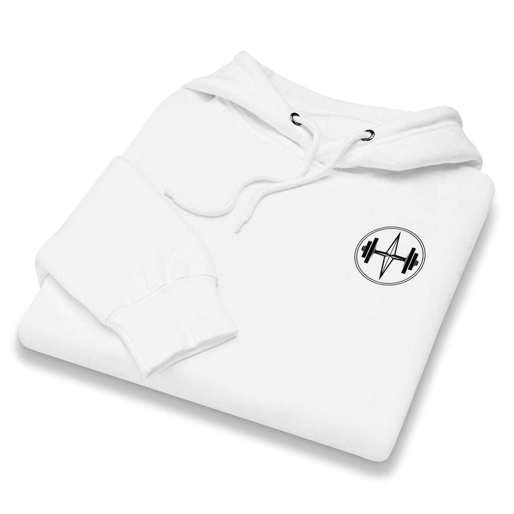 White hoodie with a logo on the chest against a white background