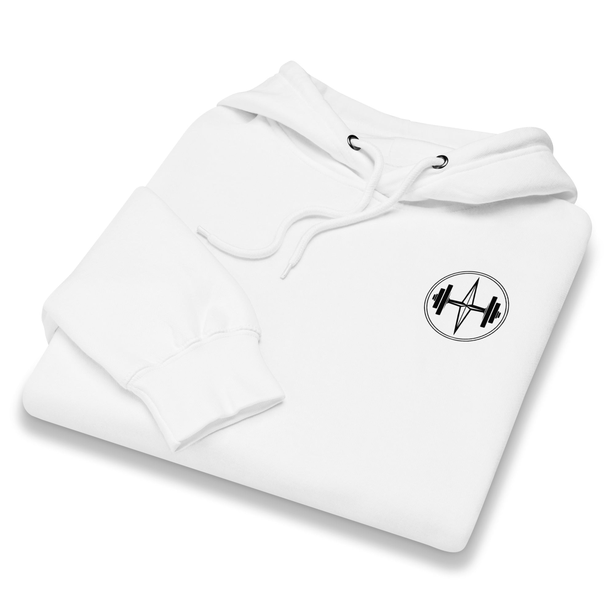 White hoodie with a logo on the chest against a white background