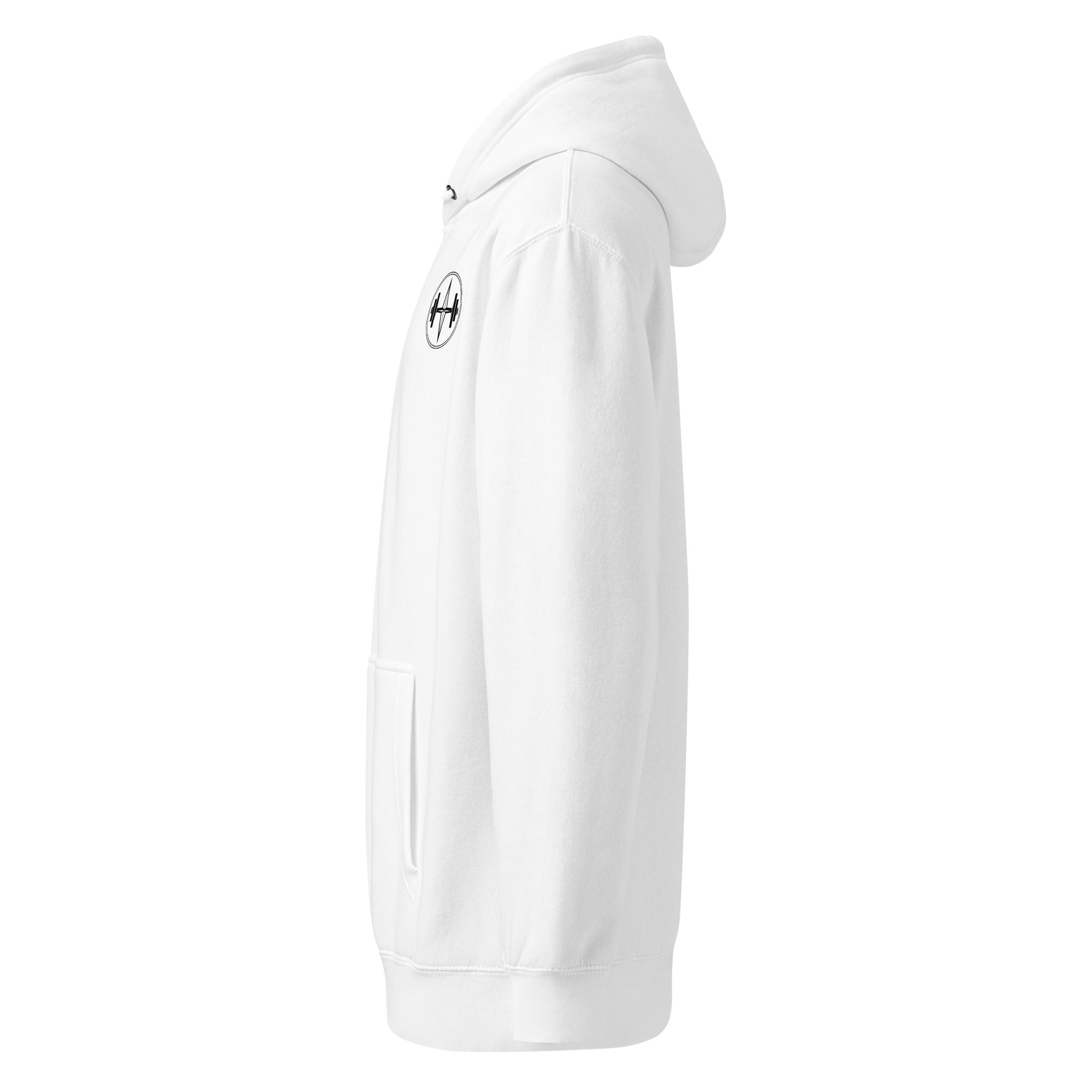 White hoodie with a brand logo on a white background