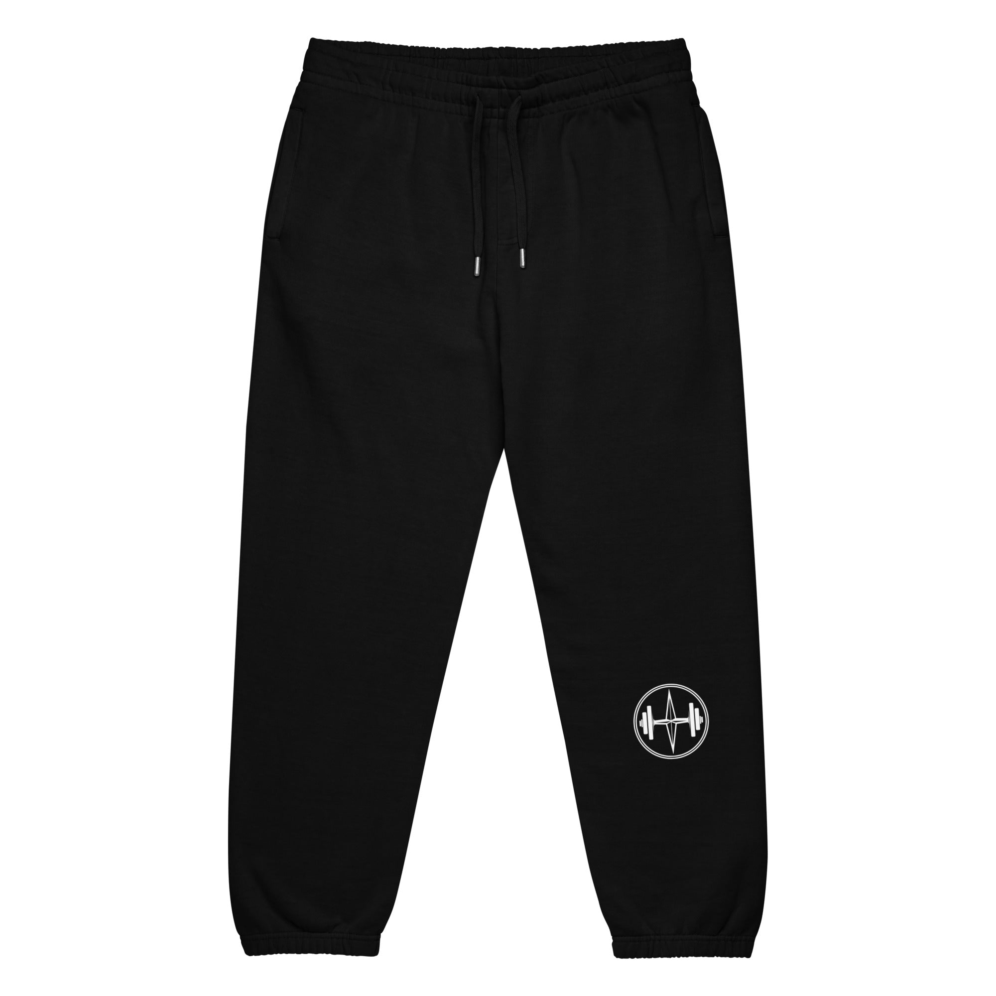 Black sweatpants with a white logo on a white background