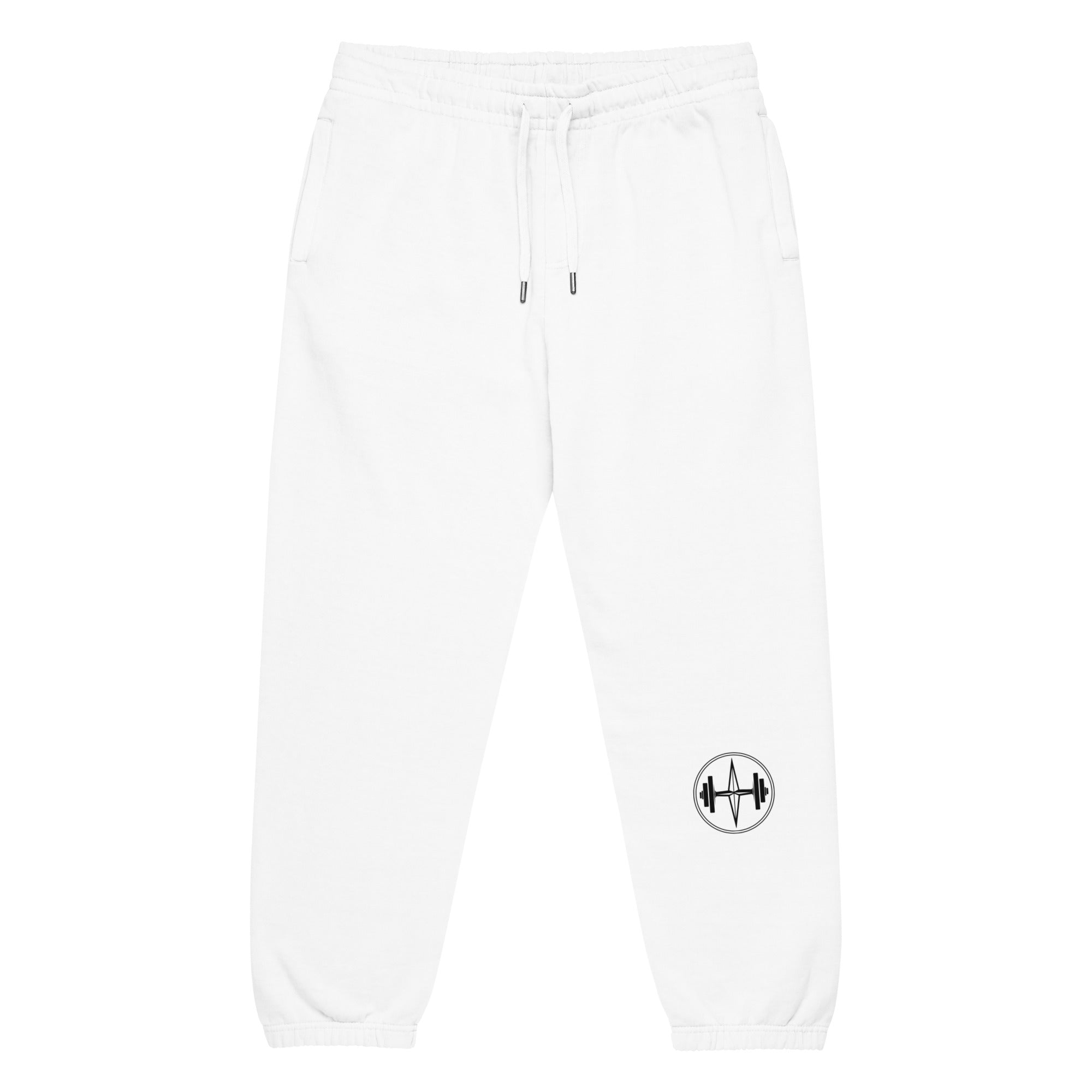 White sweatpants with a black logo on a white background