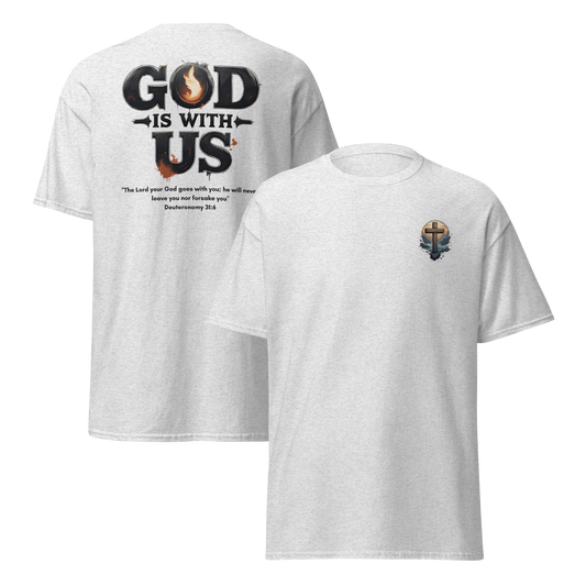 God Is With Us Christian T-Shirt inspired by Deuteronomy 31:6 – Faith Bible Verse Shirt for Men & Women who trust God’s presence
