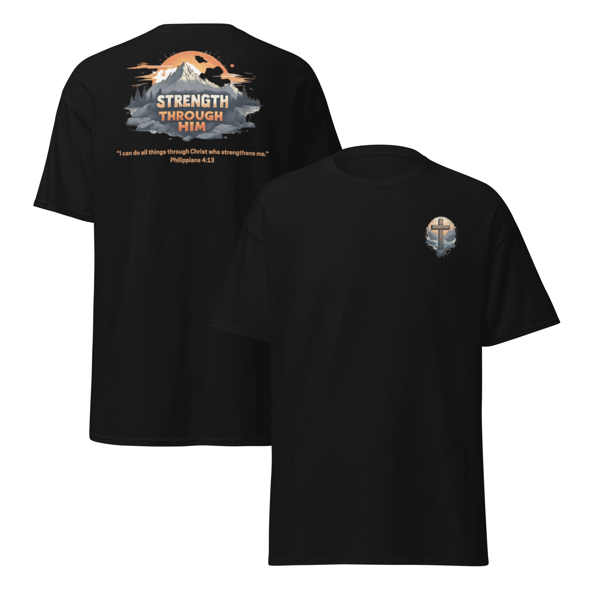 Black Strength Through Him motivational gym shirt - faith-based athletic apparel