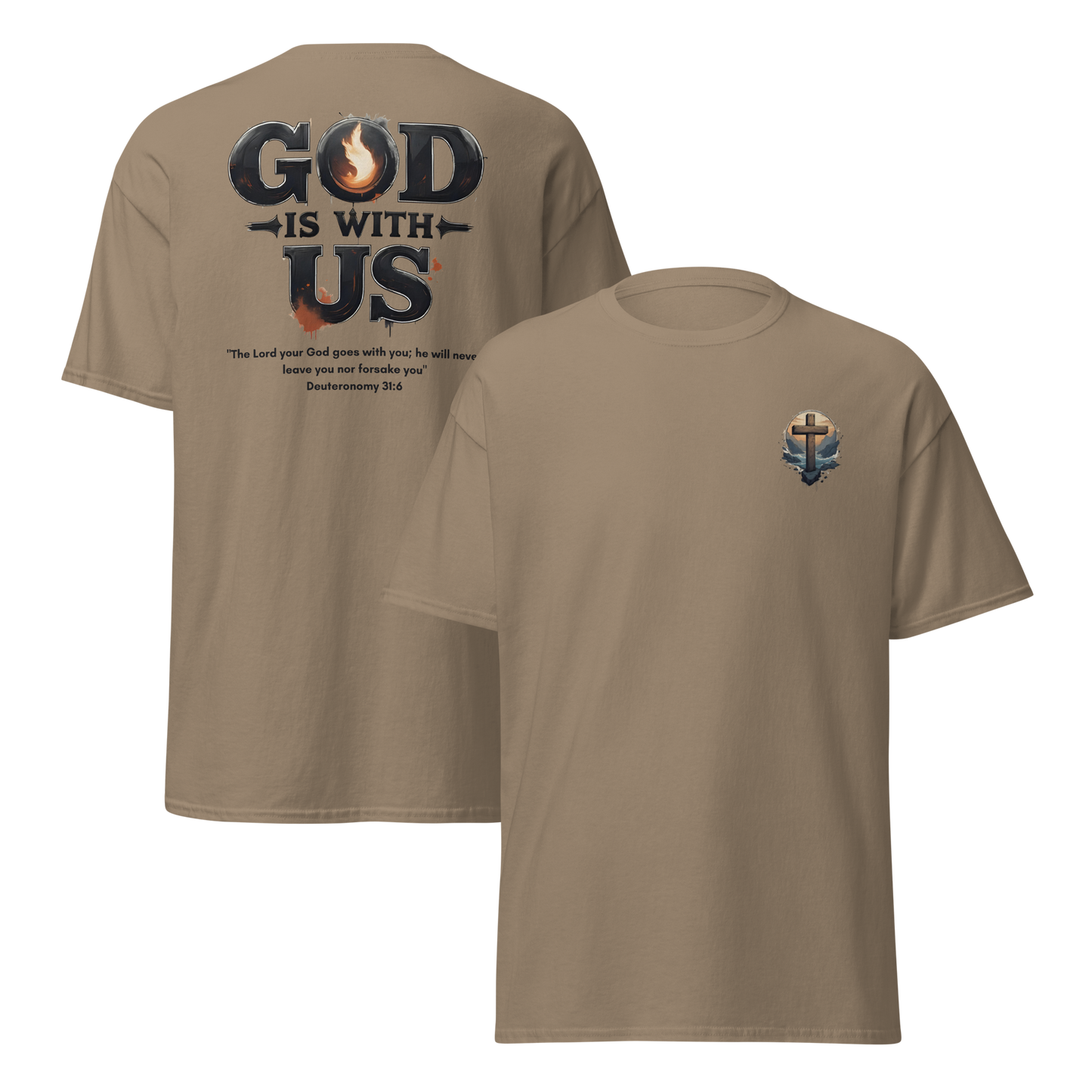 God Is With Us Christian T-Shirt inspired by Deuteronomy 31:6 – Faith Bible Verse Shirt for Men & Women who trust God’s presence