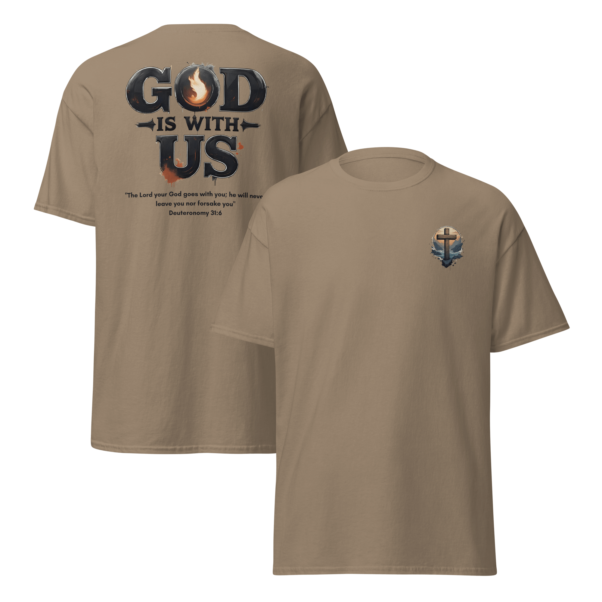 God Is With Us Christian T-Shirt inspired by Deuteronomy 31:6 – Faith Bible Verse Shirt for Men & Women who trust God’s presence