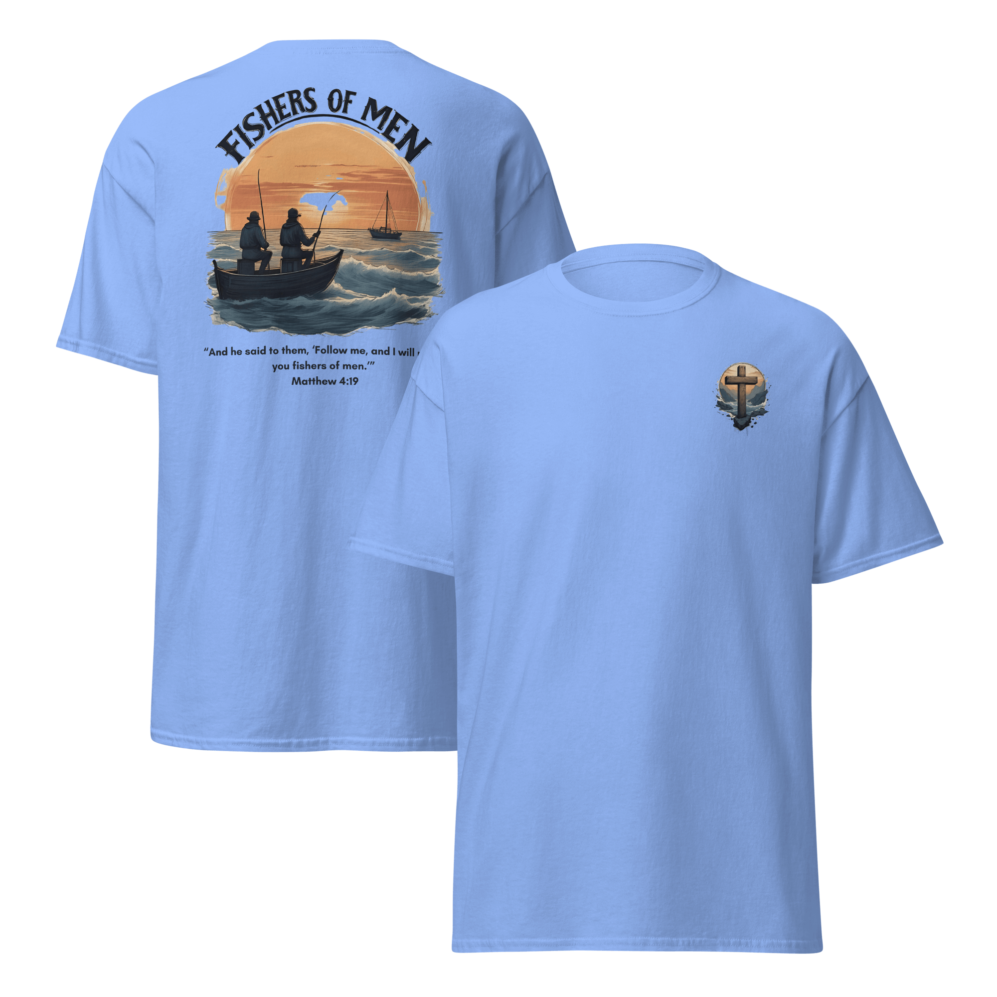 Carolina blue Fishers of Men t-shirt - Matthew 4:19 Christian discipleship apparel