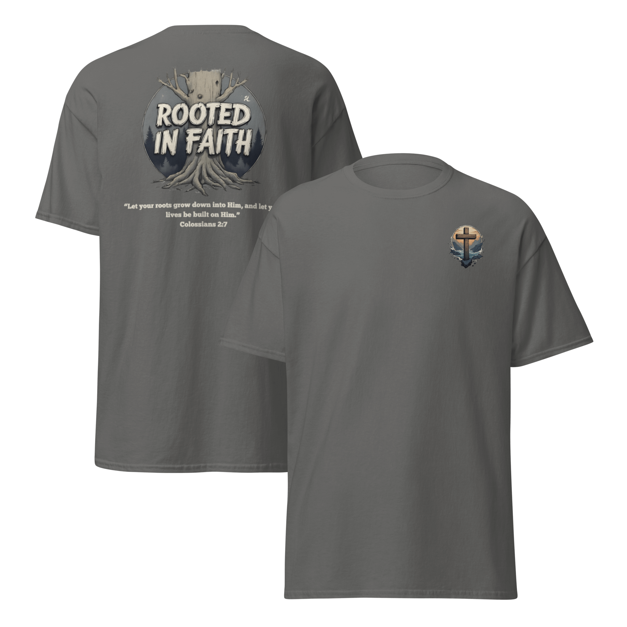 Charcoal Rooted in Faith Christian t-shirt - Colossians 2:7 motivational growth shirt