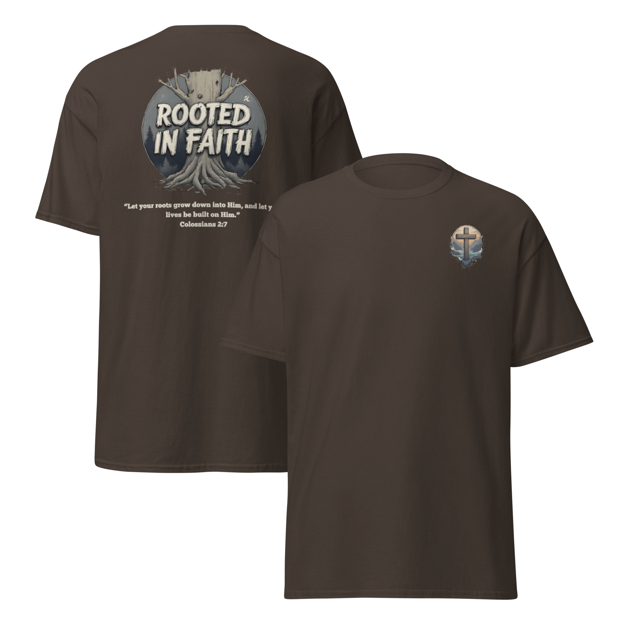 Dark chocolate Rooted in Faith t-shirt - Colossians 2:7 faith-based growth apparel