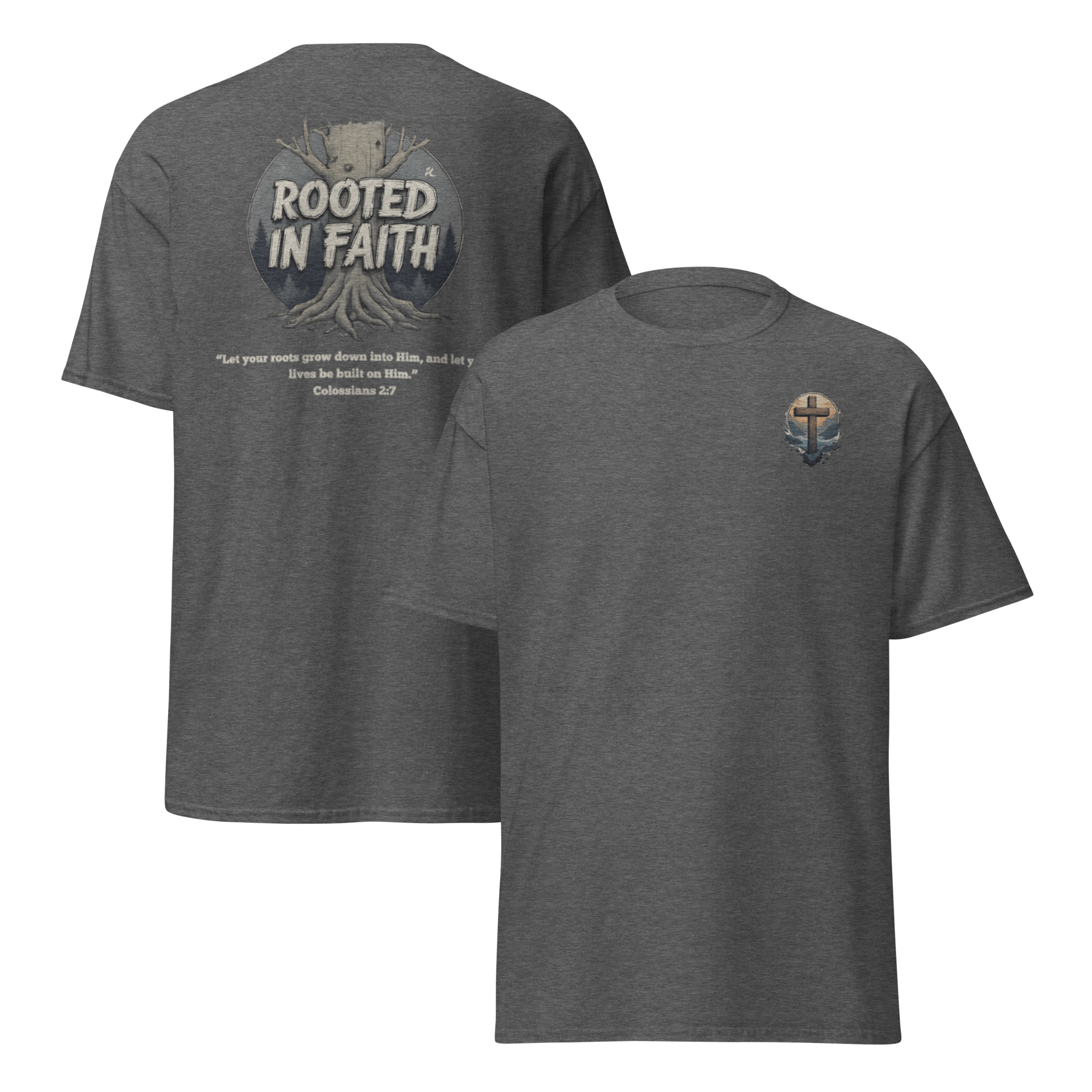 Dark heather Rooted in Faith Christian shirt - motivational tee for spiritual strength