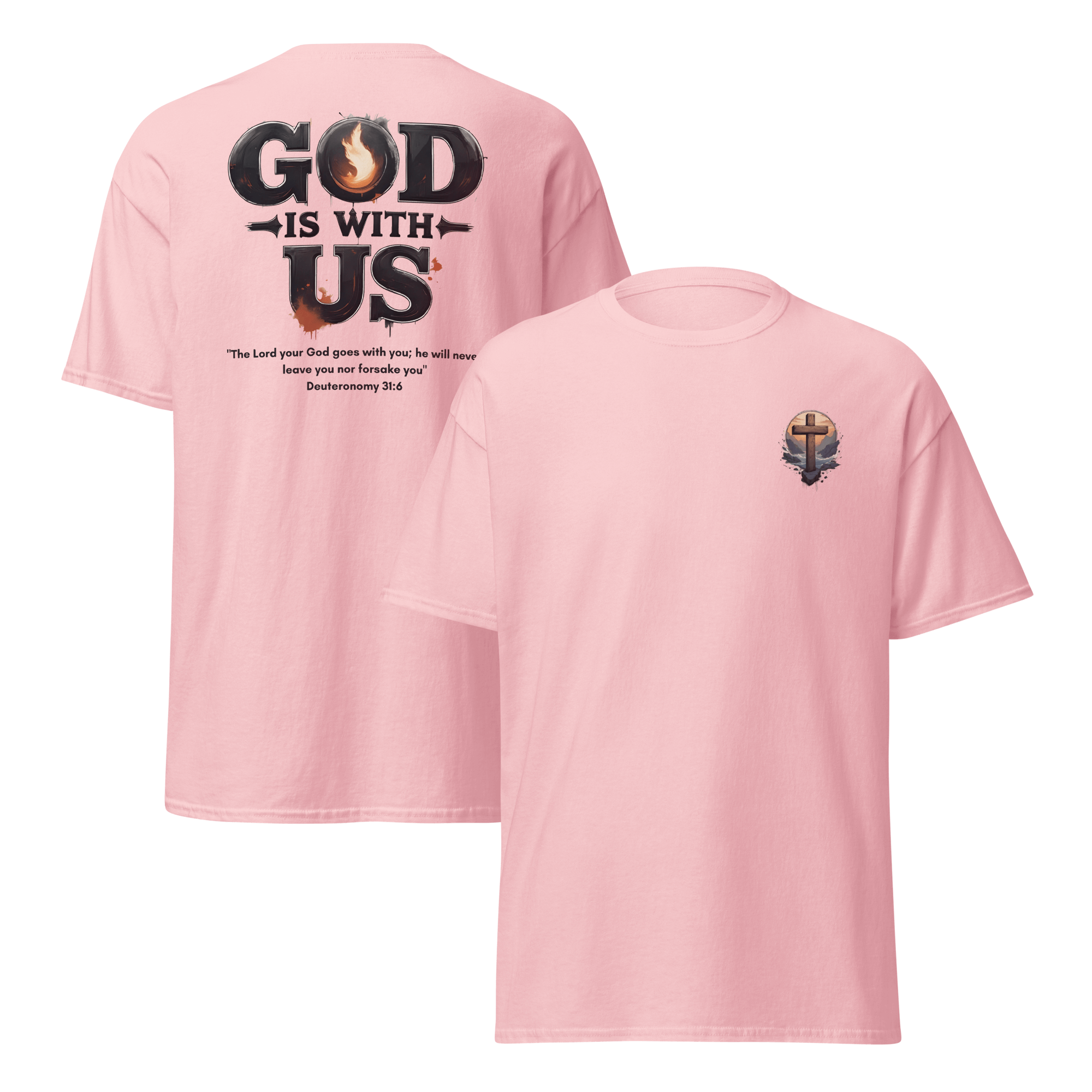 God Is With Us Christian T-Shirt inspired by Deuteronomy 31:6 – Faith Bible Verse Shirt for Men & Women who trust God’s presence