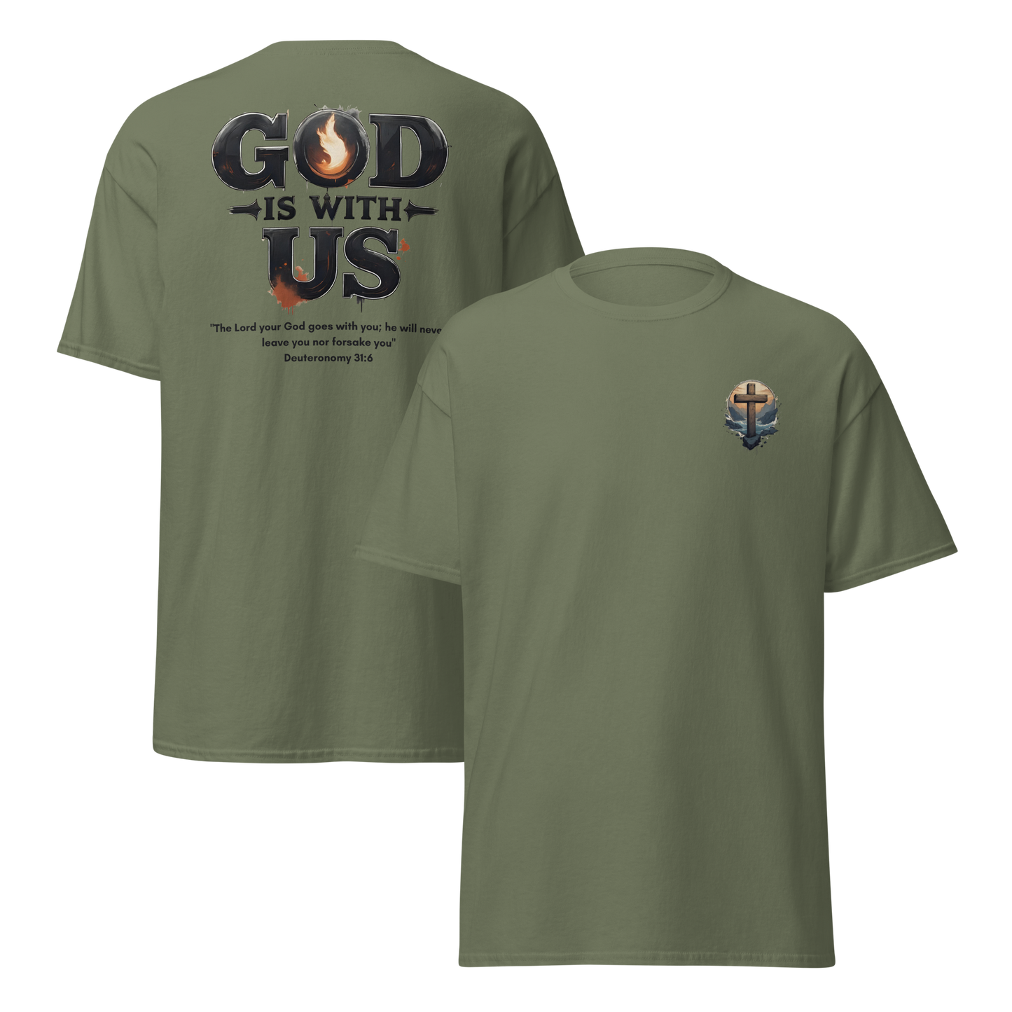 God Is With Us Christian T-Shirt inspired by Deuteronomy 31:6 – Faith Bible Verse Shirt for Men & Women who trust God’s presence