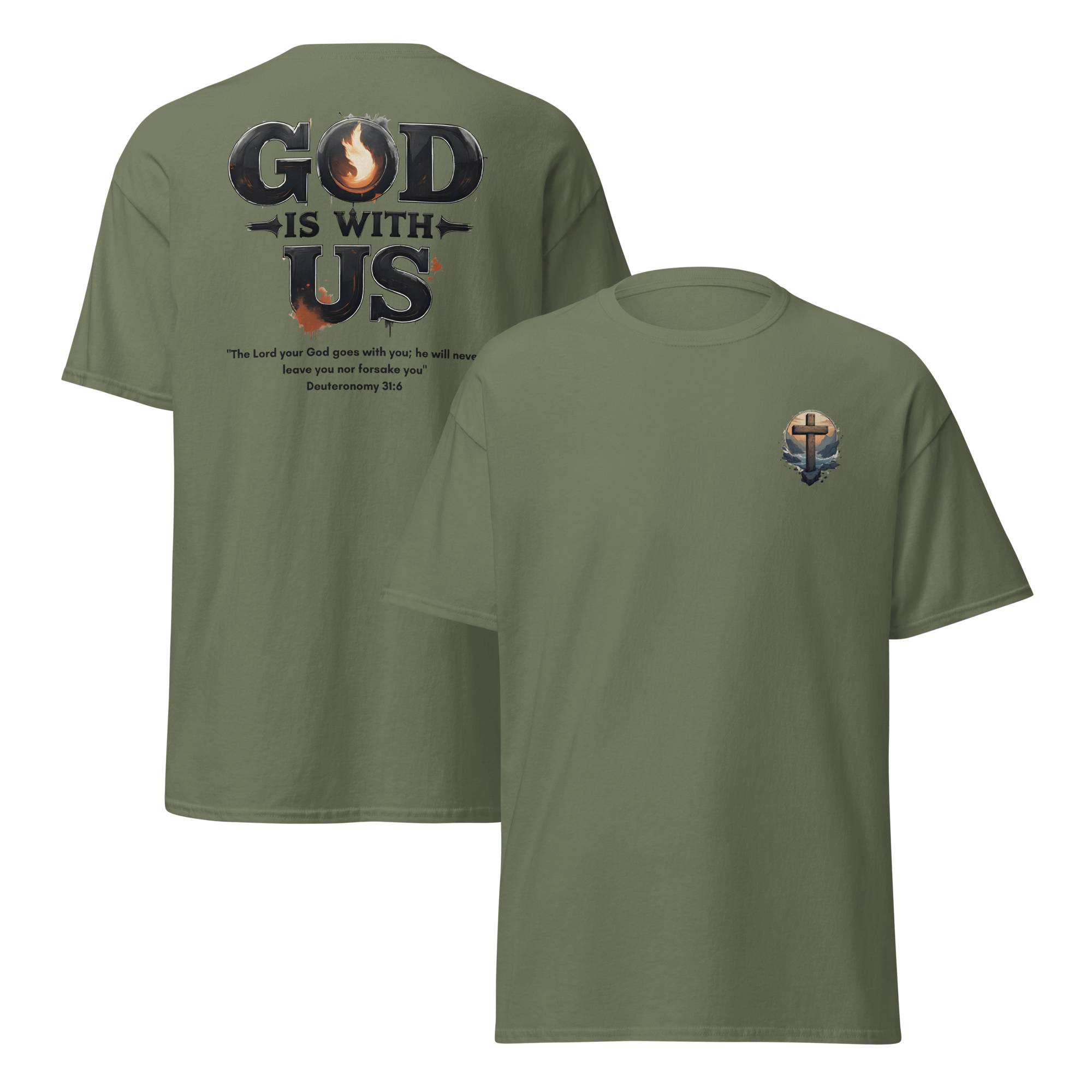 God Is With Us Christian T-Shirt inspired by Deuteronomy 31:6 – Faith Bible Verse Shirt for Men & Women who trust God’s presence