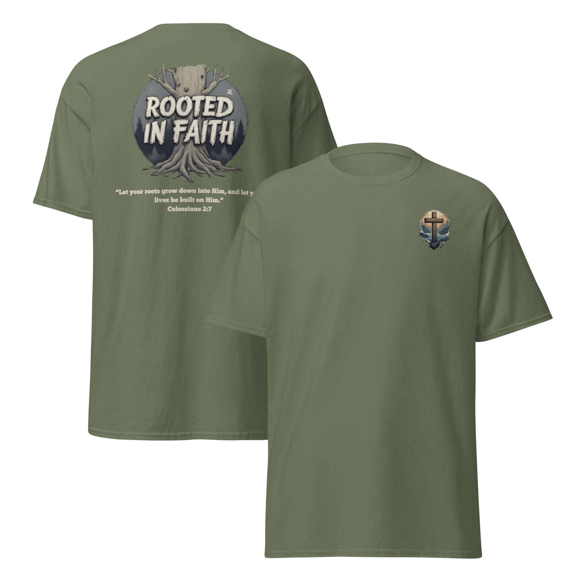 Military green Rooted in Faith motivational shirt - faith foundation and personal growth tee