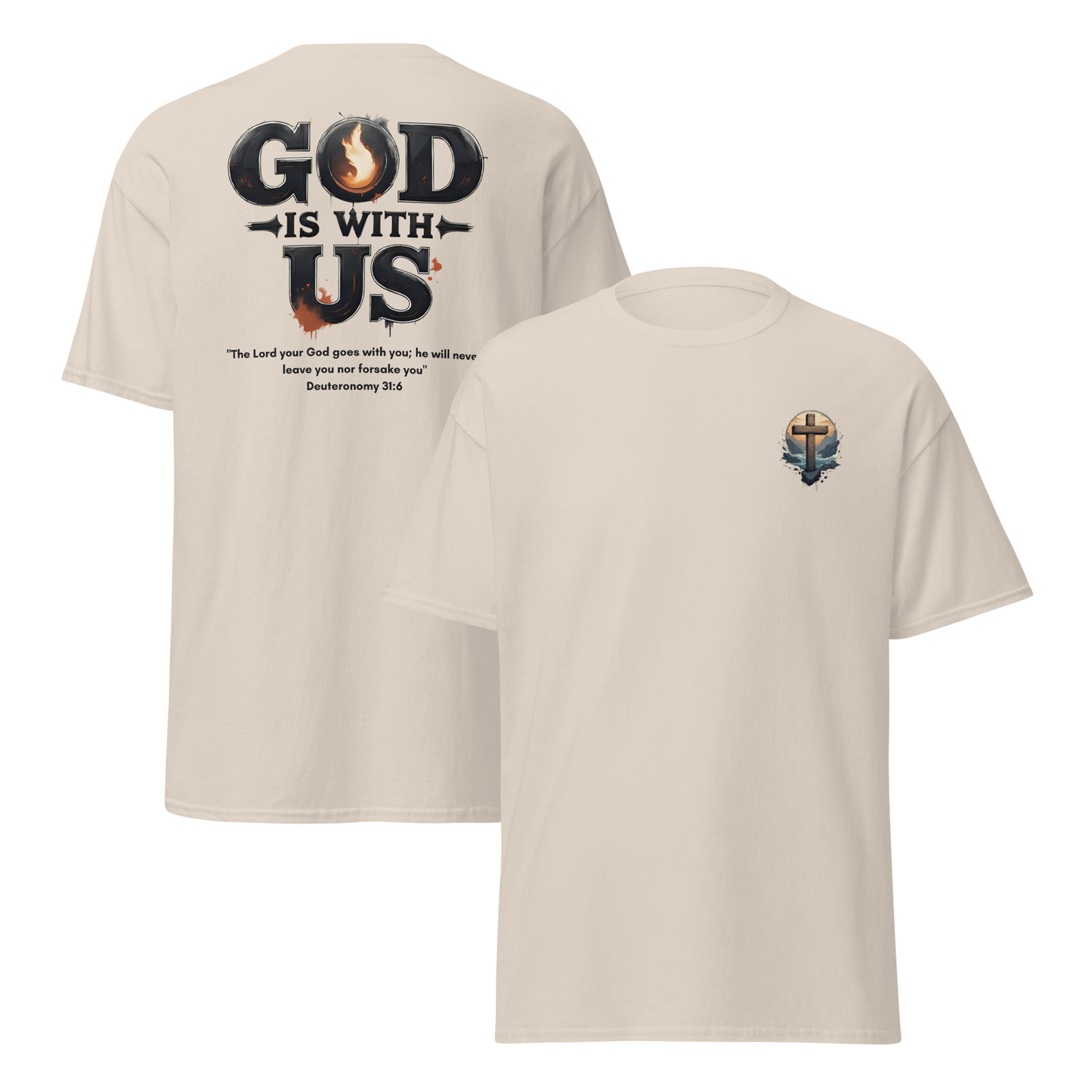 God Is With Us Christian T-Shirt inspired by Deuteronomy 31:6 – Faith Bible Verse Shirt for Men & Women who trust God’s presence