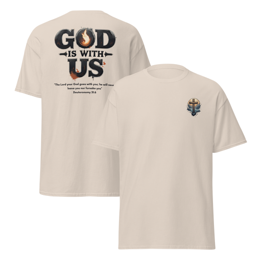God Is With Us Christian T-Shirt inspired by Deuteronomy 31:6 – Faith Bible Verse Shirt for Men & Women who trust God’s presence
