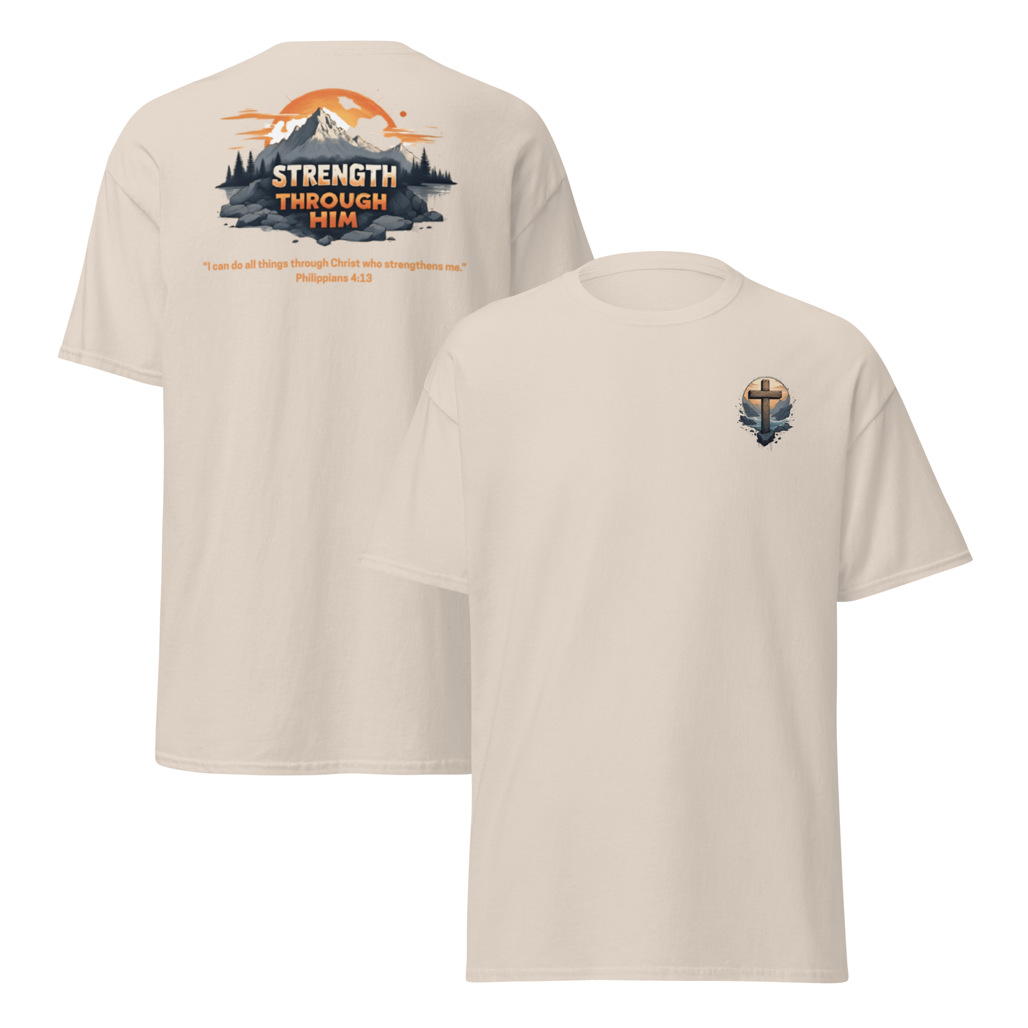 Natural beige Strength Through Him Christian shirt - faith and fitness apparel