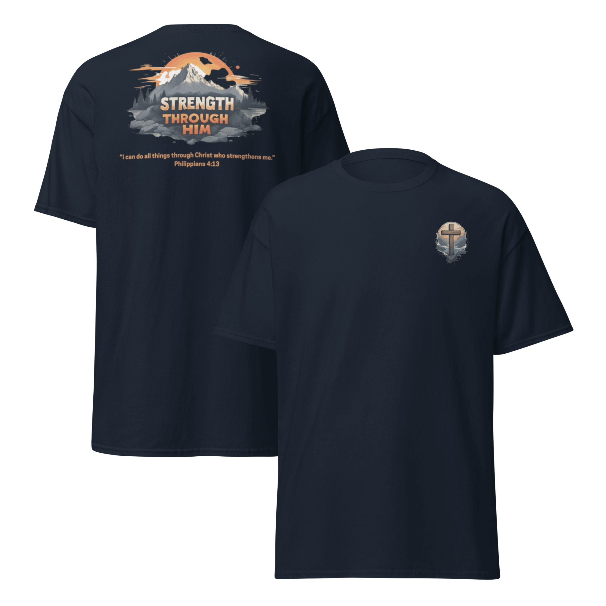 Navy Strength Through Him Christian workout shirt - Philippians 4:13 fitness tee for men and women
