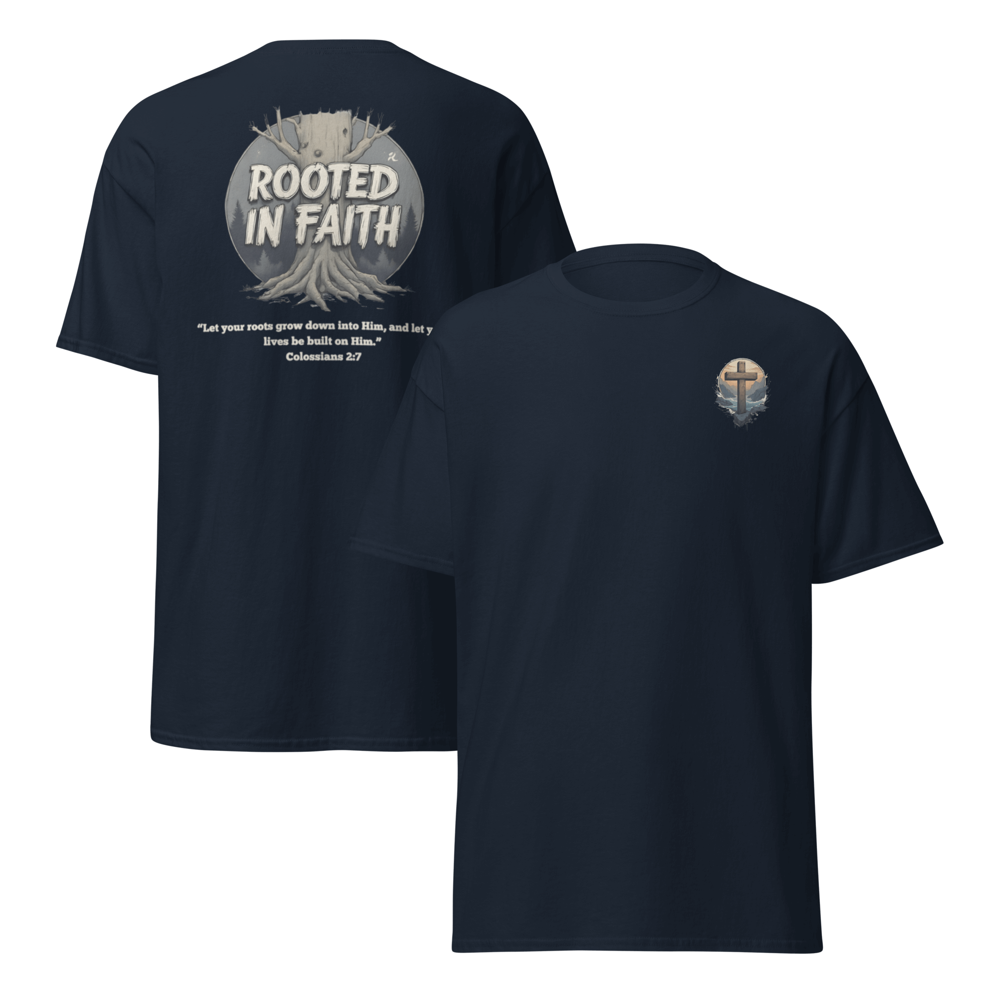 Navy Rooted in Faith Christian t-shirt - Colossians 2:7 inspirational spiritual apparel