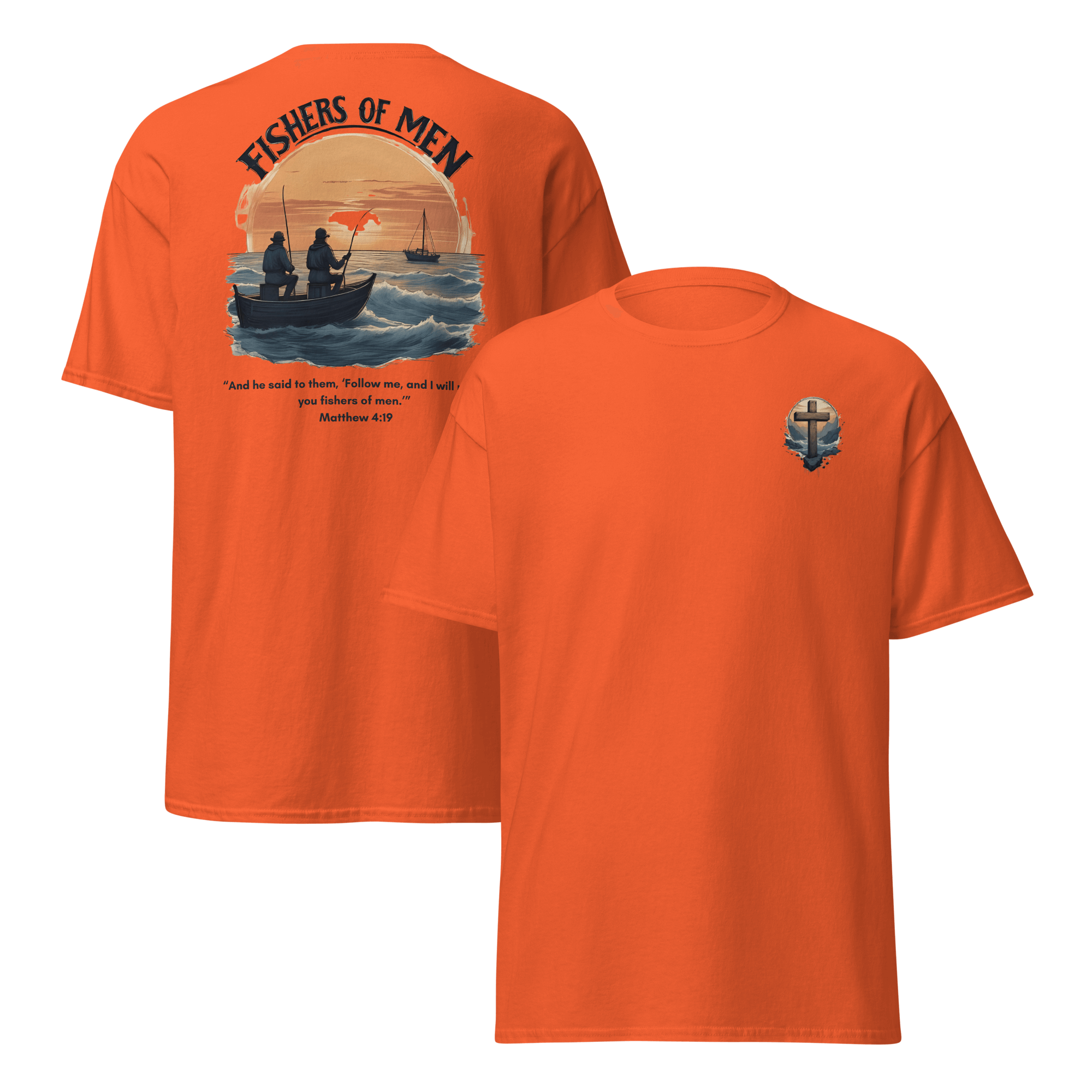 Orange Fishers of Men faith shirt - Matthew 4:19 Christian motivational apparel