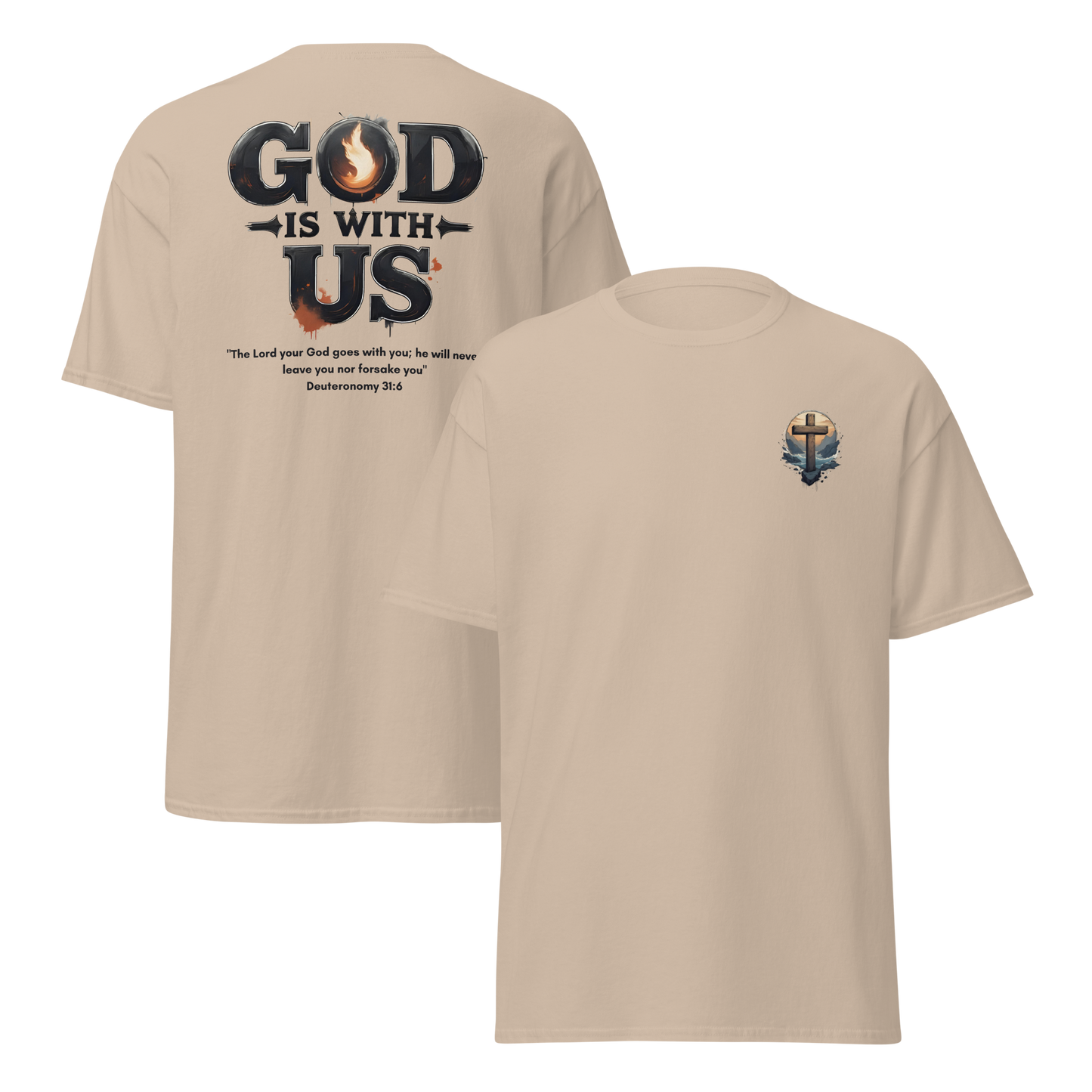 God Is With Us Christian T-Shirt inspired by Deuteronomy 31:6 – Faith Bible Verse Shirt for Men & Women who trust God’s presence