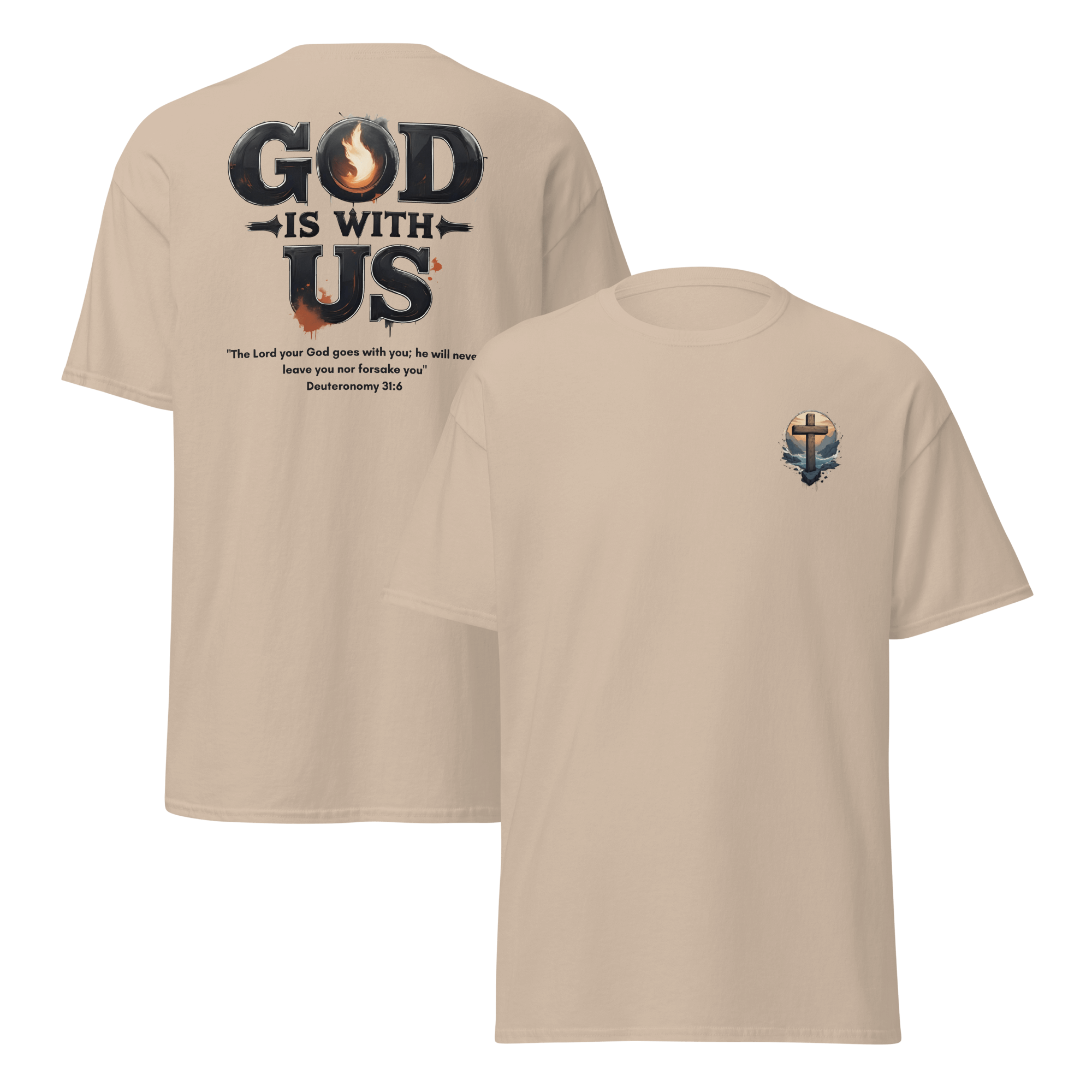 God Is With Us Christian T-Shirt inspired by Deuteronomy 31:6 – Faith Bible Verse Shirt for Men & Women who trust God’s presence