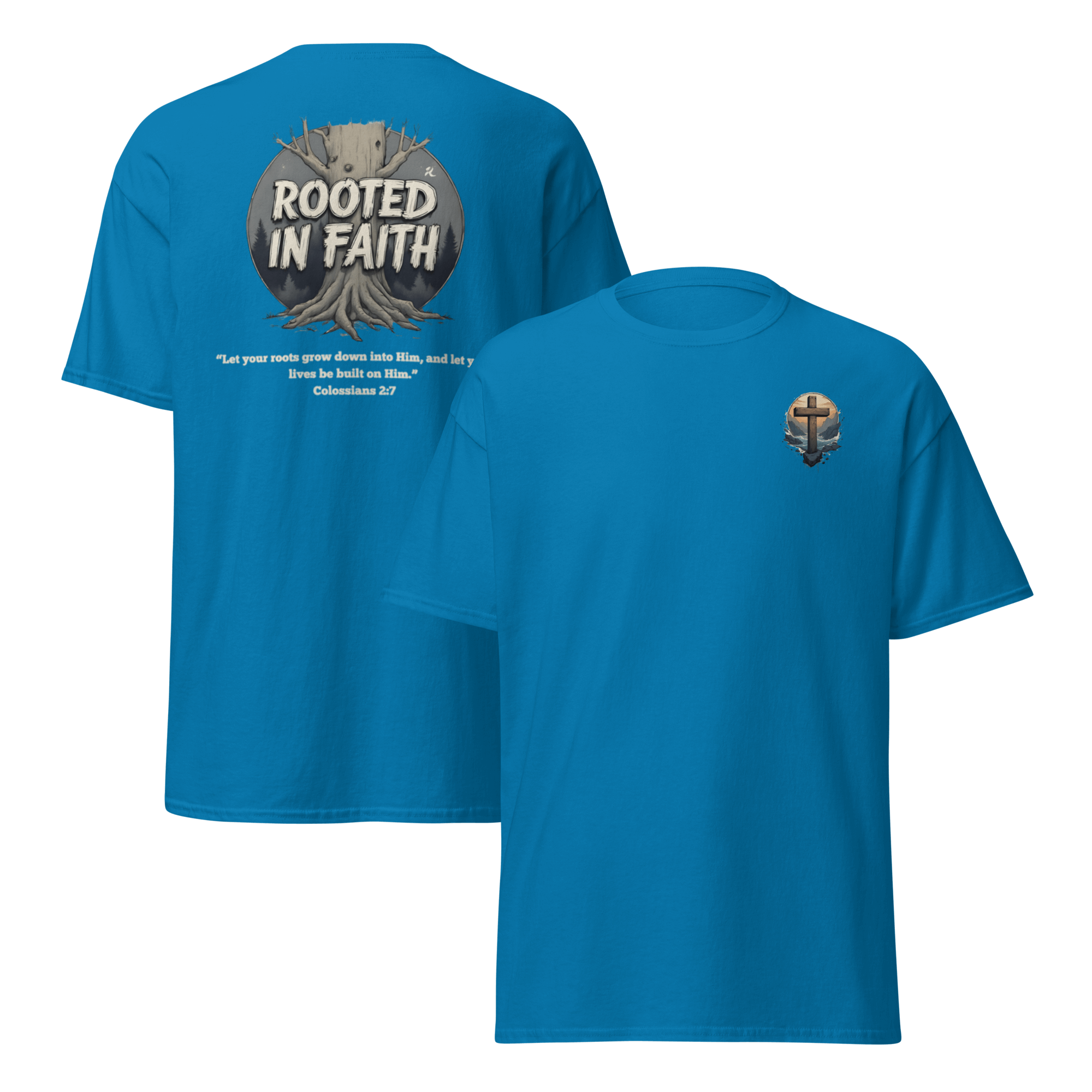 Sapphire blue Rooted in Faith shirt - Christian motivational tee for building foundation