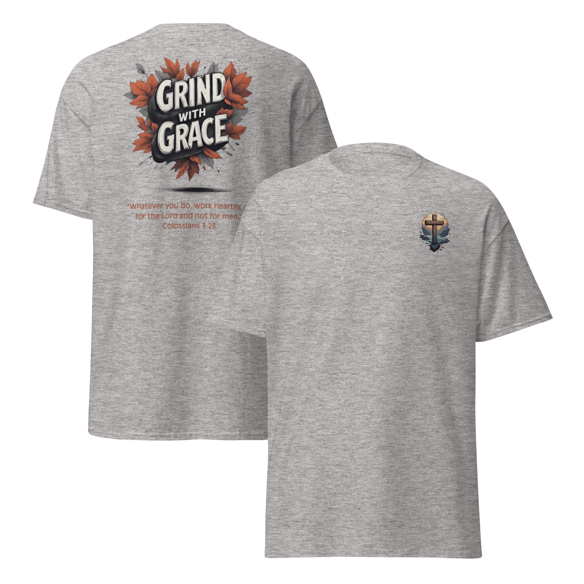 Sport grey Grind with Grace t-shirt - faith-based motivational clothing for believers