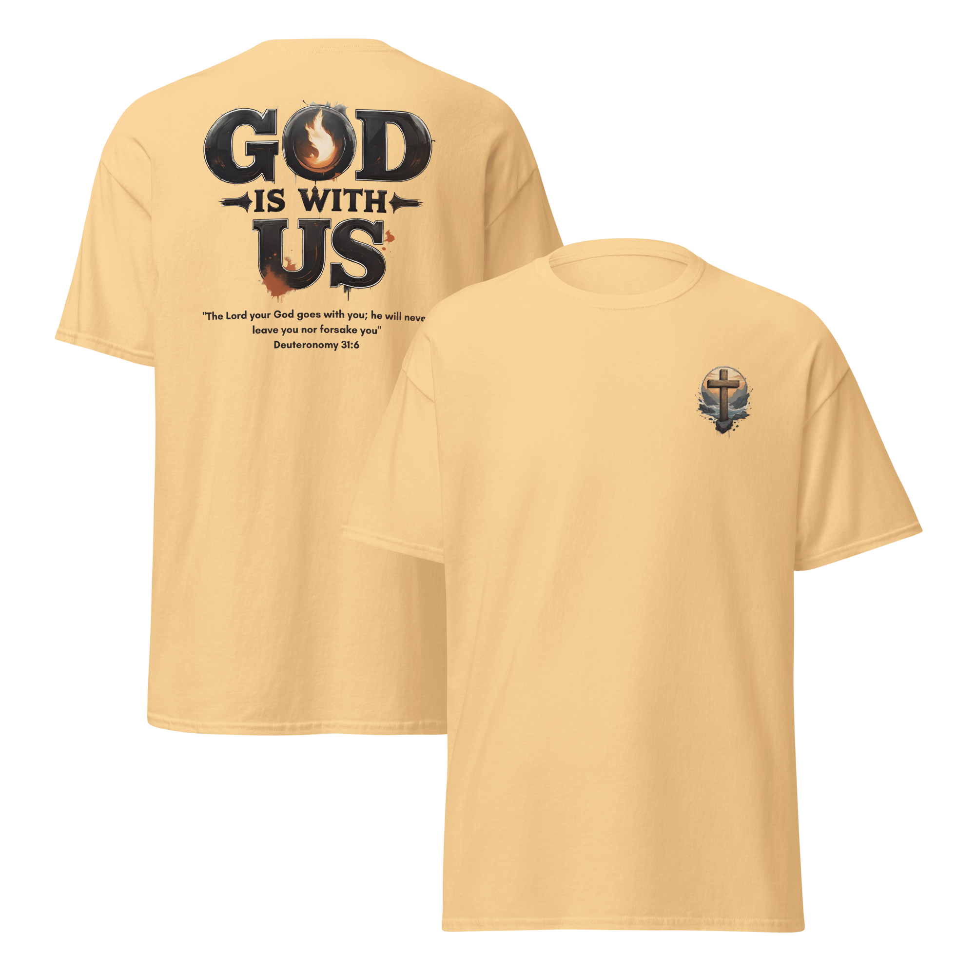 God Is With Us Christian T-Shirt inspired by Deuteronomy 31:6 – Faith Bible Verse Shirt for Men & Women who trust God’s presence