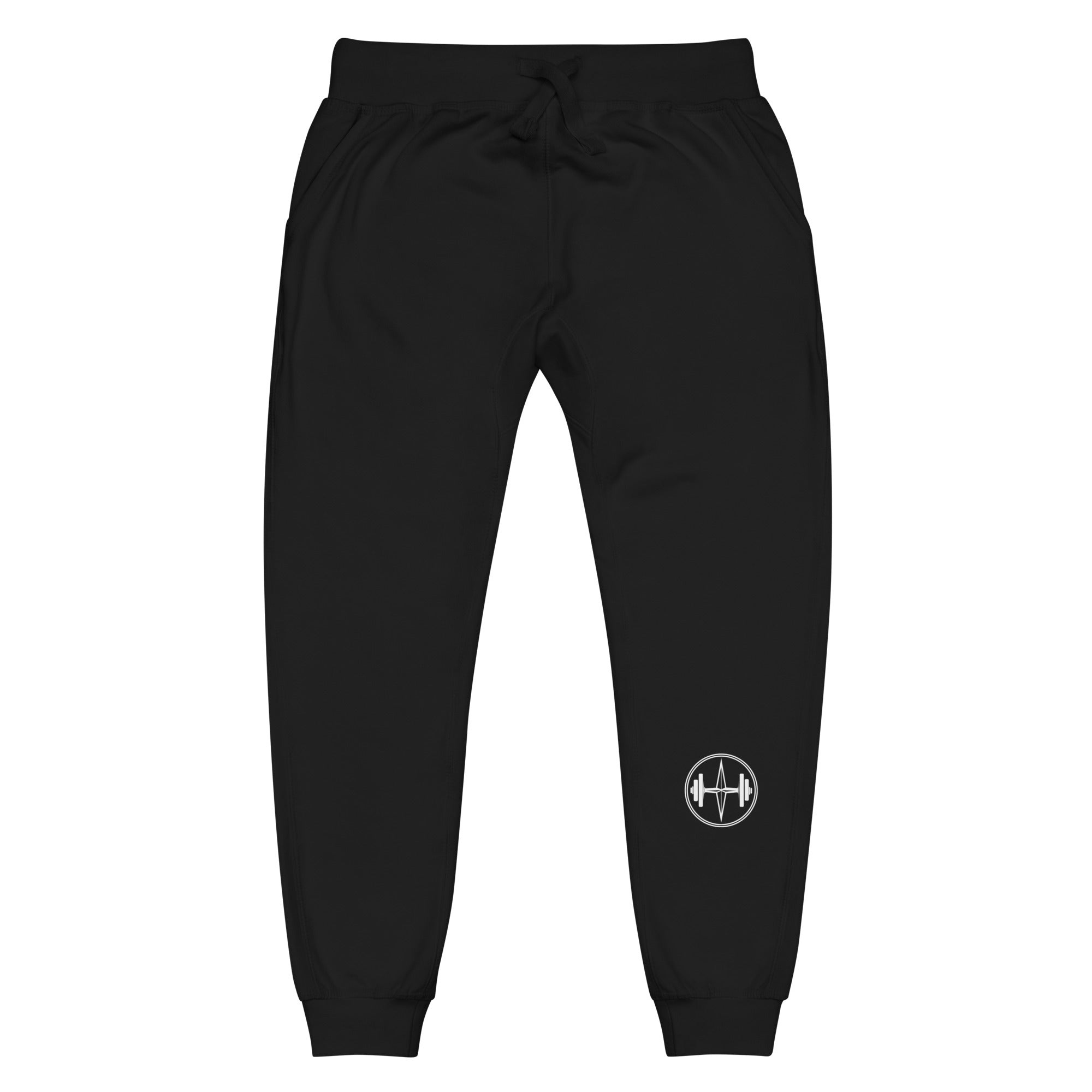 Black sweatpants with a logo on a white background