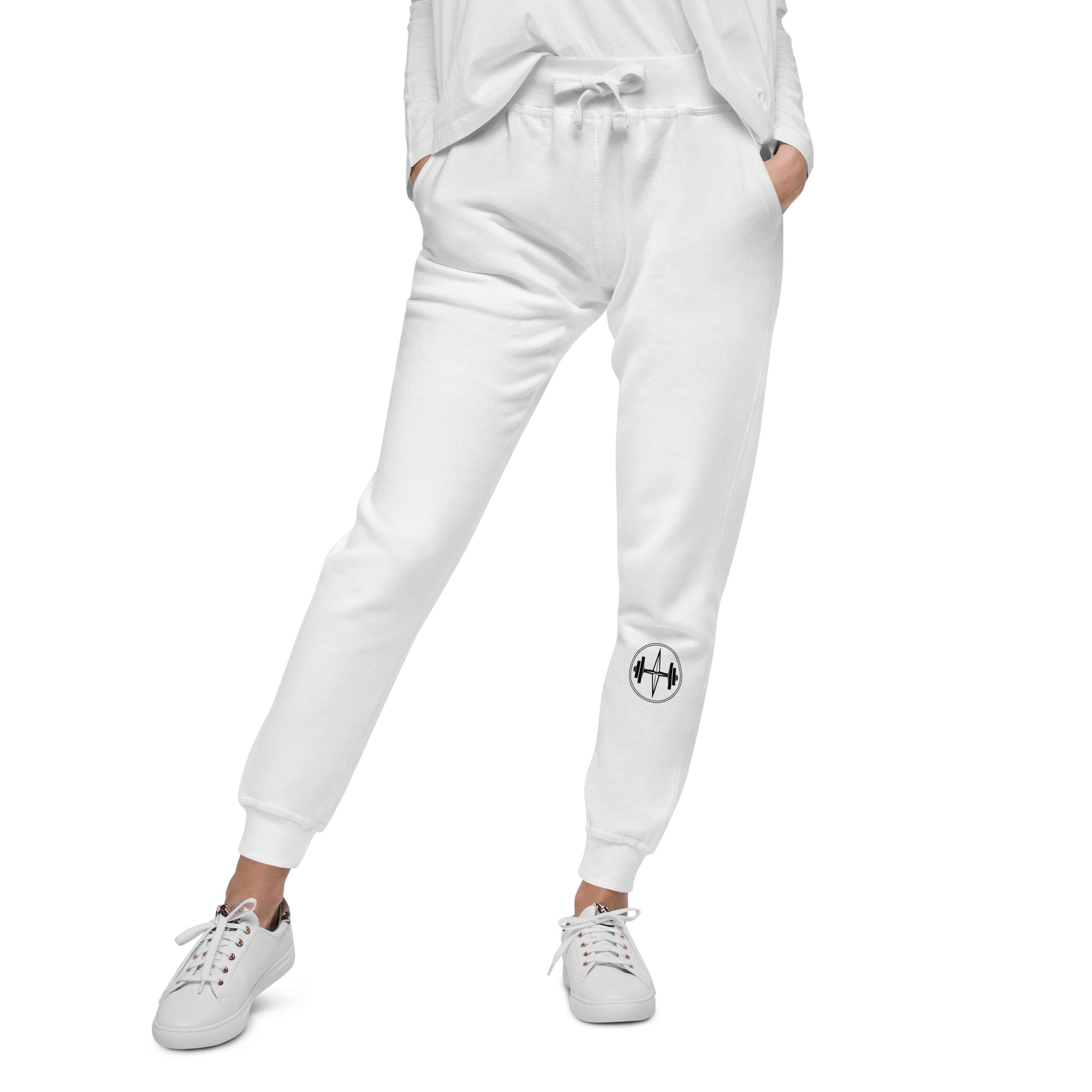 White sweatpants with a logo on a white background